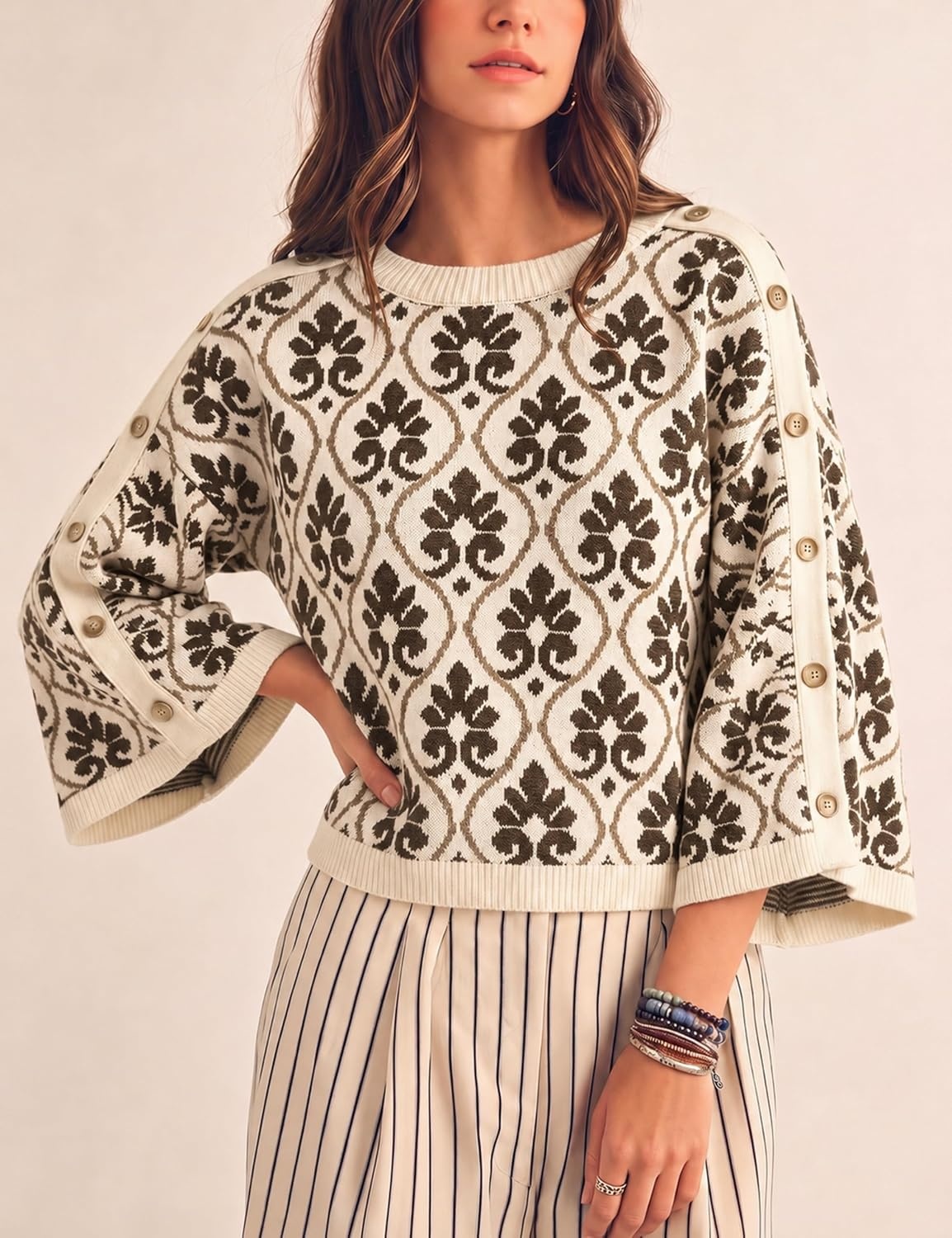 image:imageSpringrain Womens Floral Jacquard Knit Sweater Vintage Pullover TopCoffee