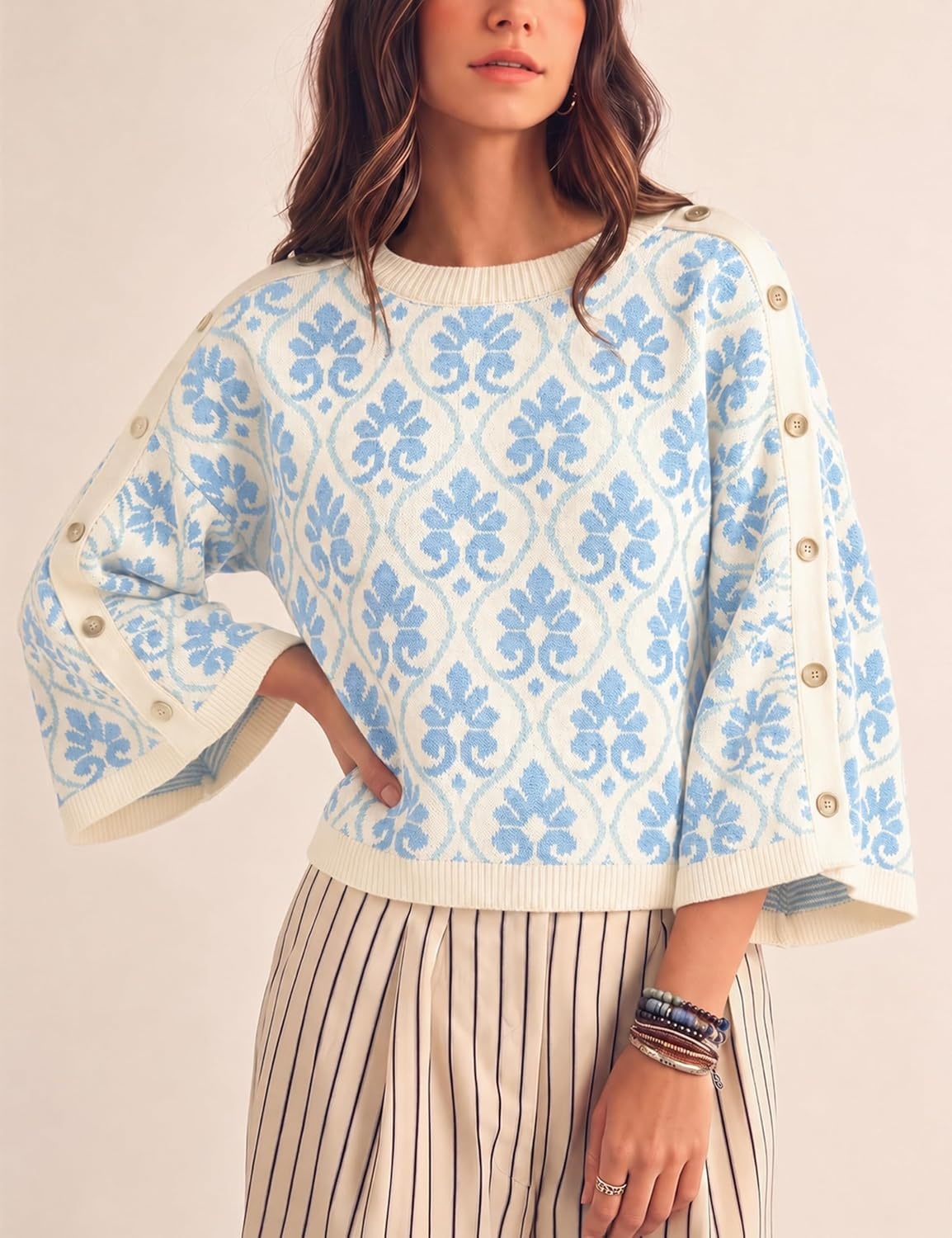 image:imageSpringrain Womens Floral Jacquard Knit Sweater Vintage Pullover TopLightblue