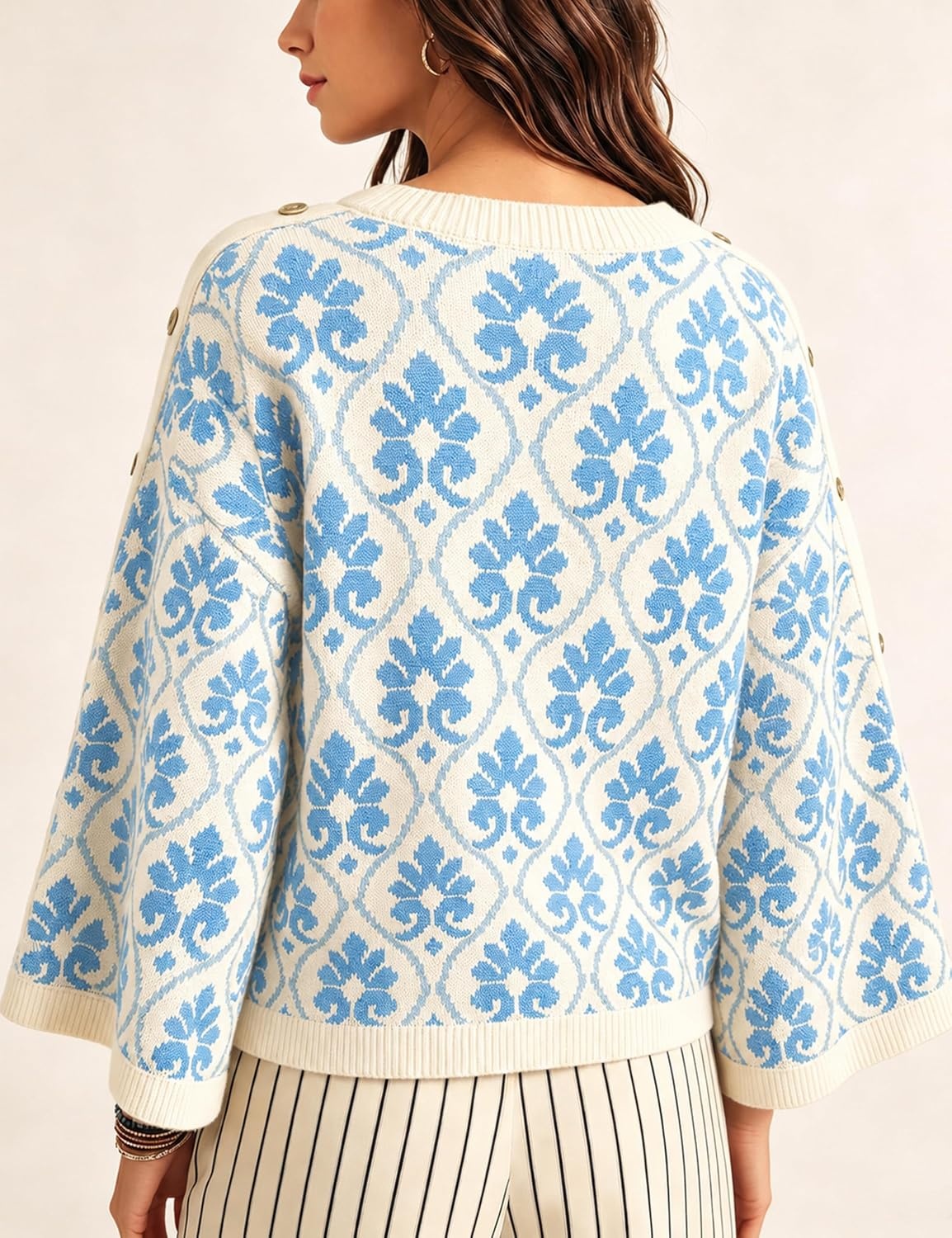 image:imageSpringrain Womens Floral Jacquard Knit Sweater Vintage Pullover TopLightblue