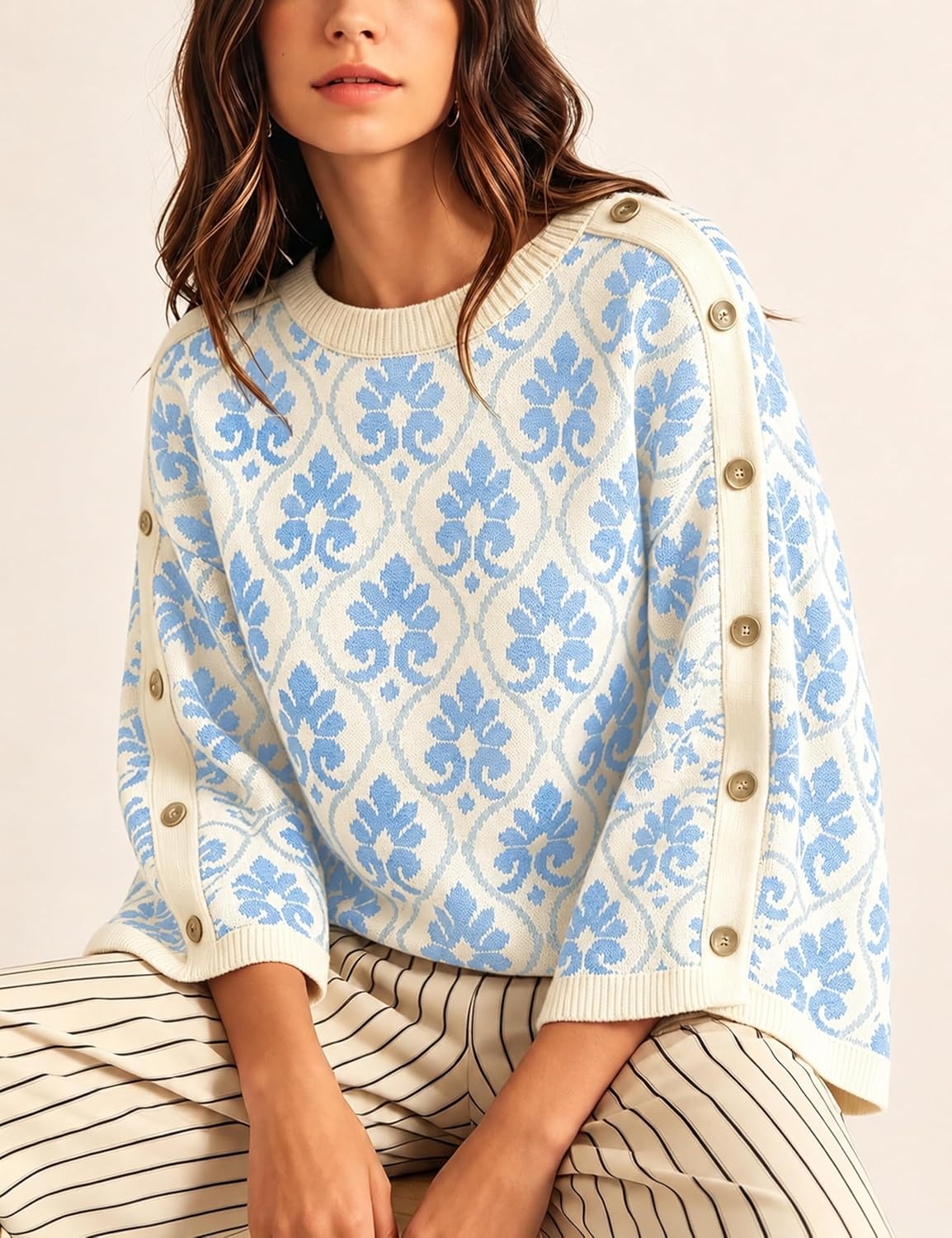 image:imageSpringrain Womens Floral Jacquard Knit Sweater Vintage Pullover TopLightblue