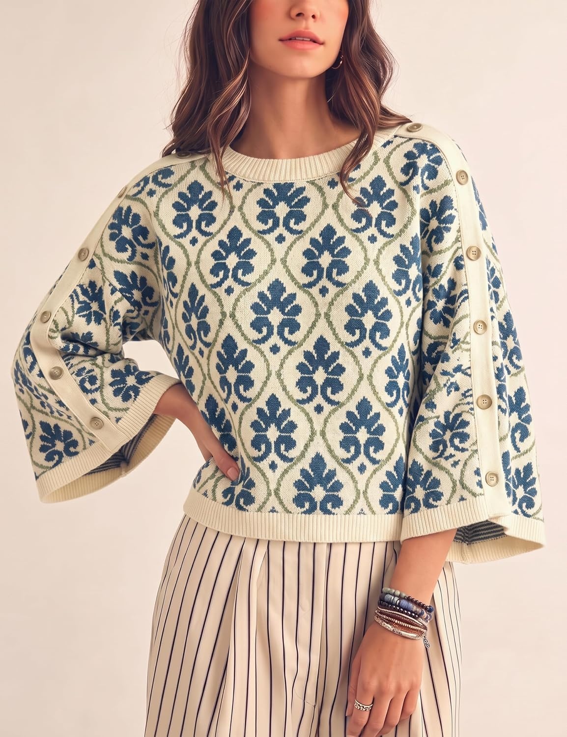 image:imageSpringrain Womens Floral Jacquard Knit Sweater Vintage Pullover TopNavy