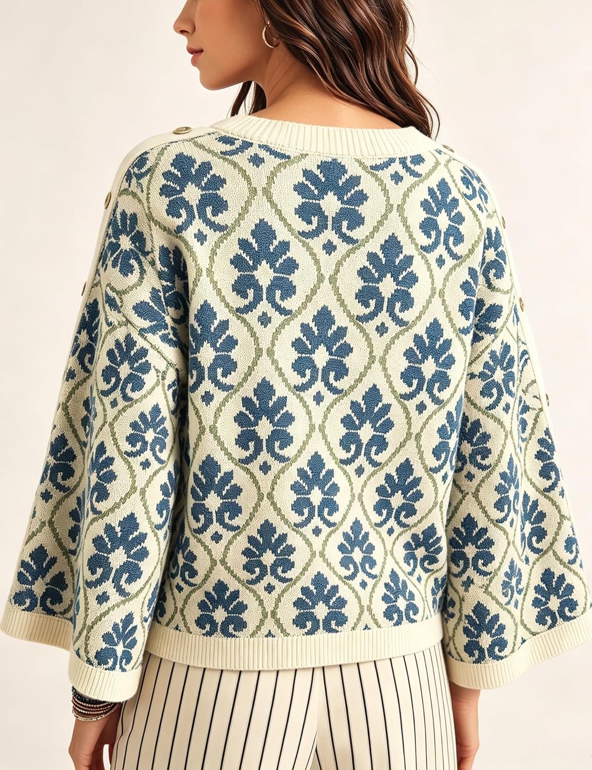 image:imageSpringrain Womens Floral Jacquard Knit Sweater Vintage Pullover TopNavy