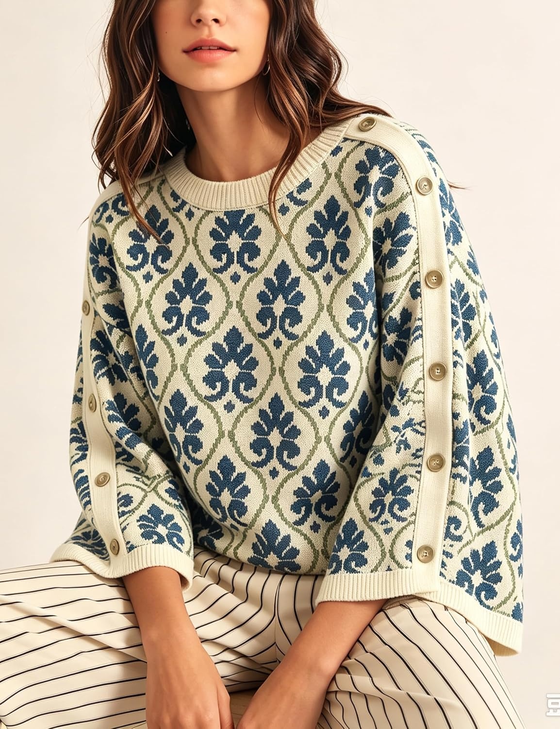 image:imageSpringrain Womens Floral Jacquard Knit Sweater Vintage Pullover TopNavy
