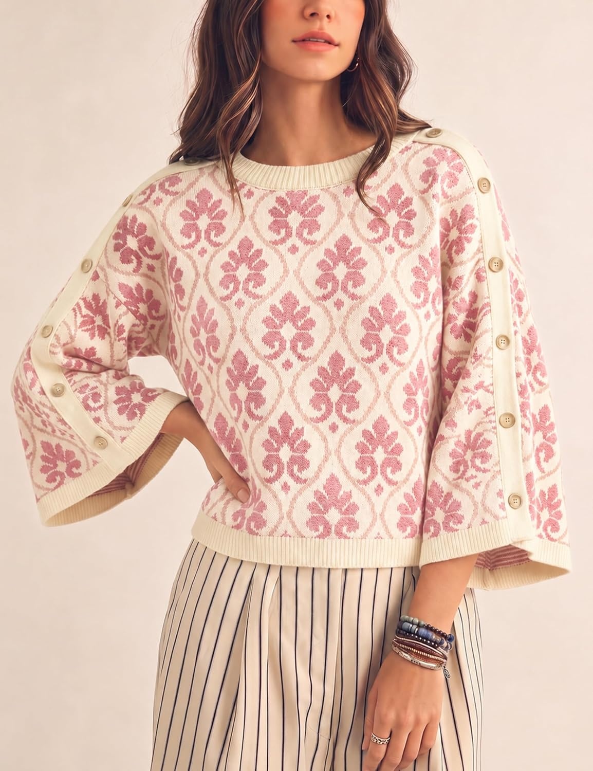 image:imageSpringrain Womens Floral Jacquard Knit Sweater Vintage Pullover TopPink