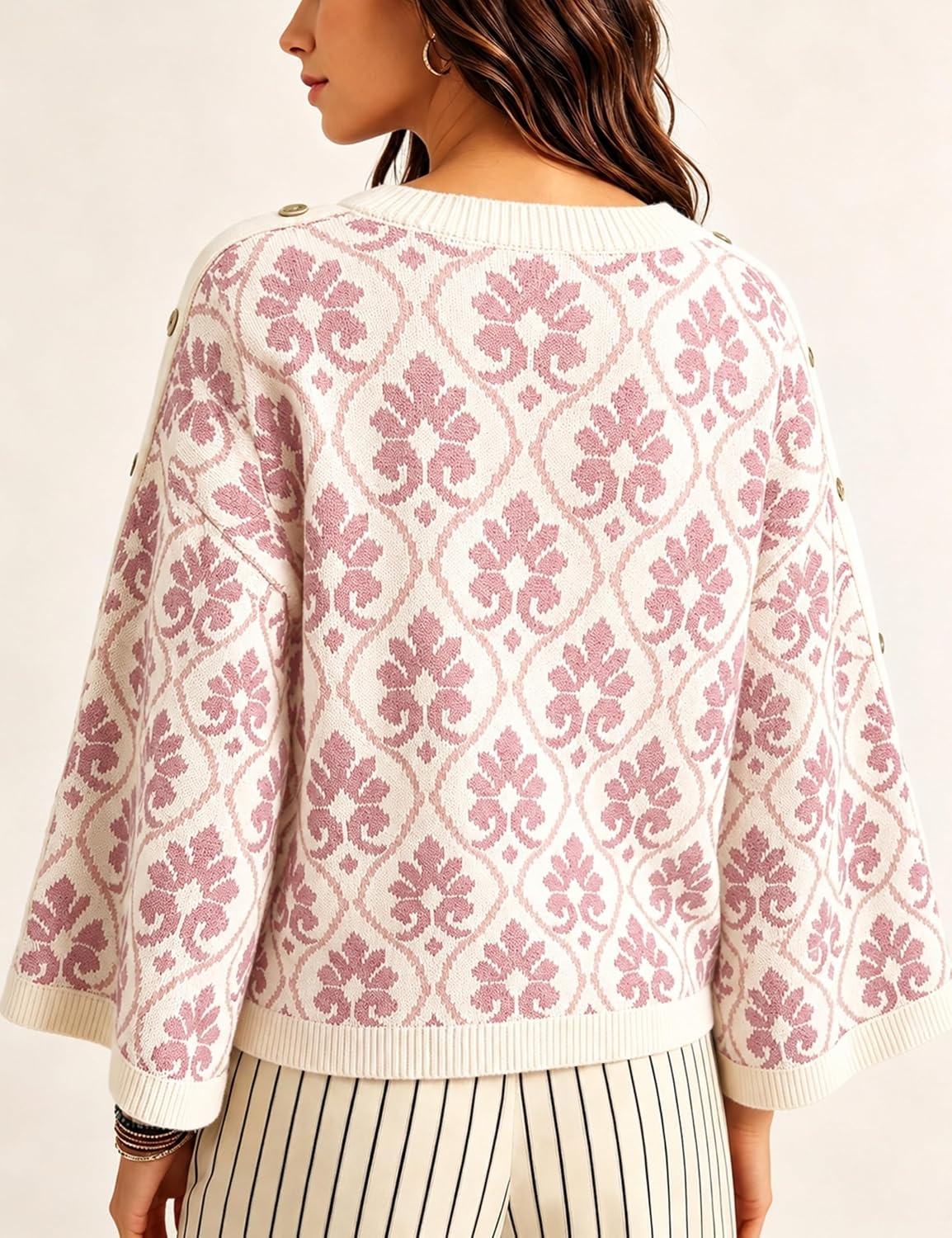 image:imageSpringrain Womens Floral Jacquard Knit Sweater Vintage Pullover TopPink