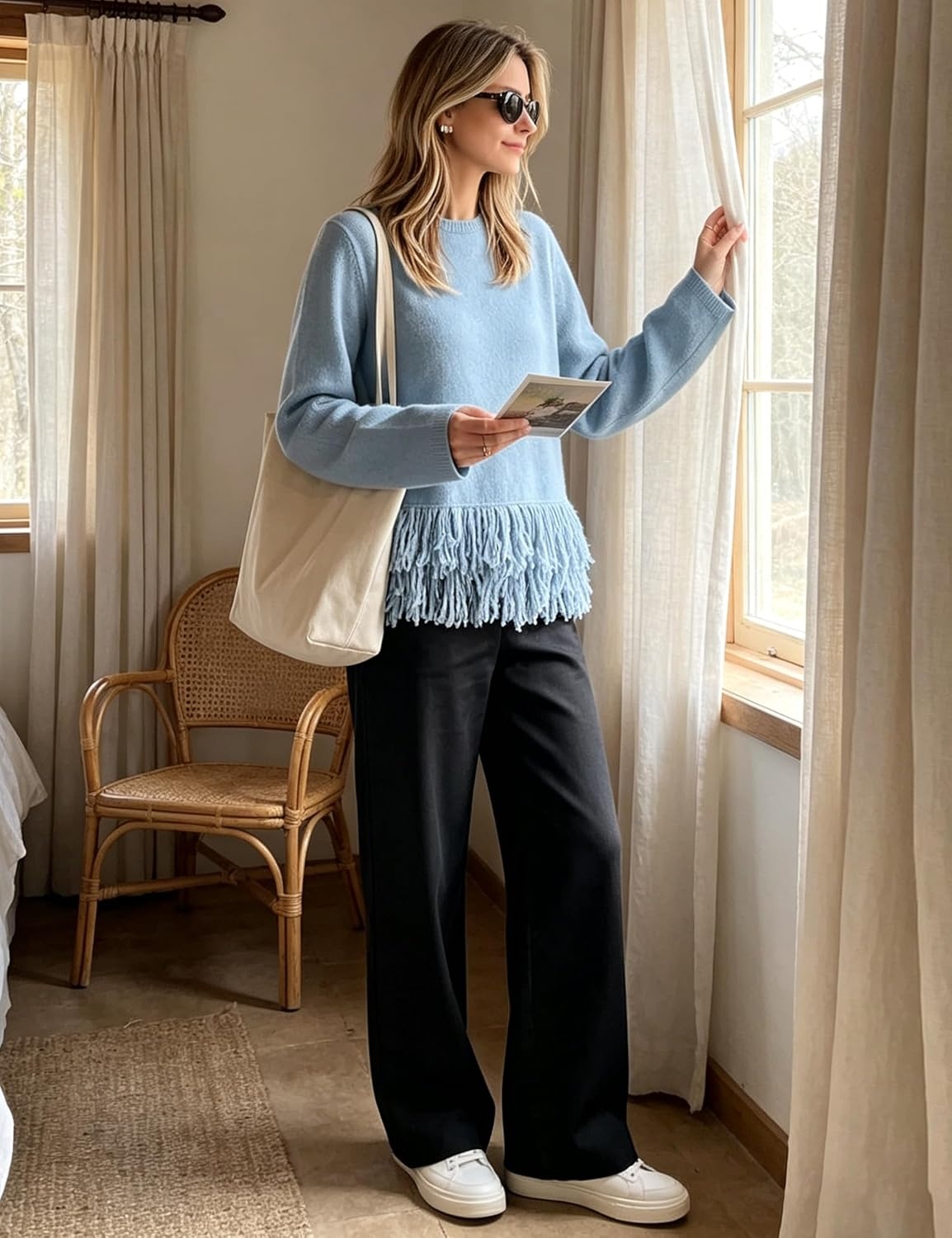 image:imageSpringrain Womens Fringe Boho Crewneck Knit Pullover SweatersBlue