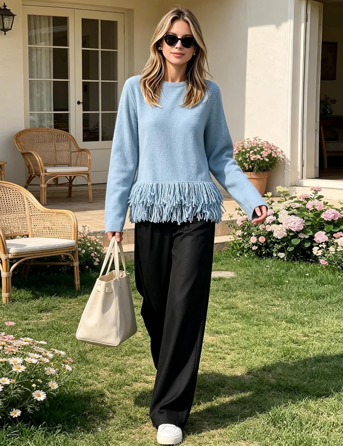 image:imageSpringrain Womens Fringe Boho Crewneck Knit Pullover SweatersBlue
