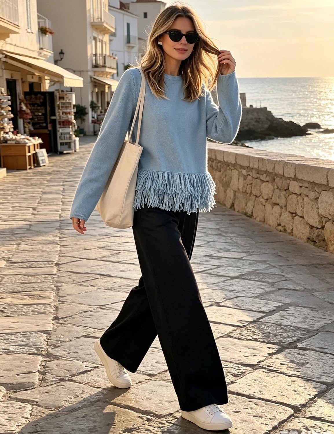 image:imageSpringrain Womens Fringe Boho Crewneck Knit Pullover SweatersBlue