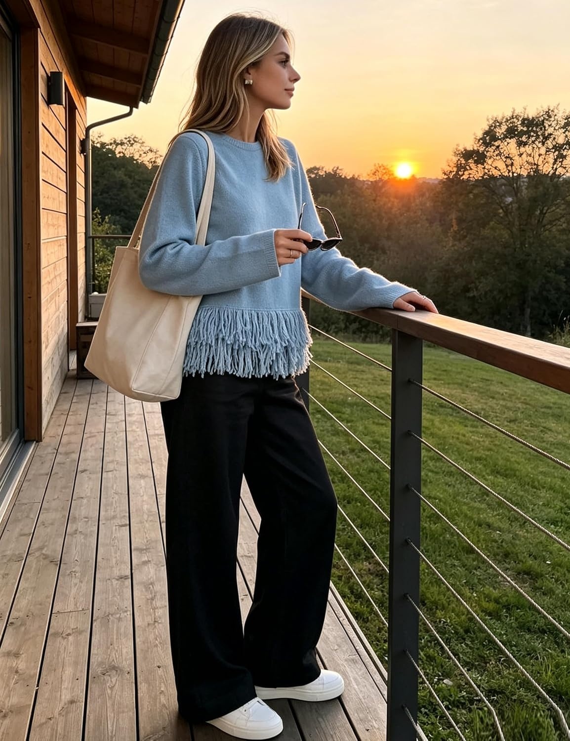 image:imageSpringrain Womens Fringe Boho Crewneck Knit Pullover SweatersBlue