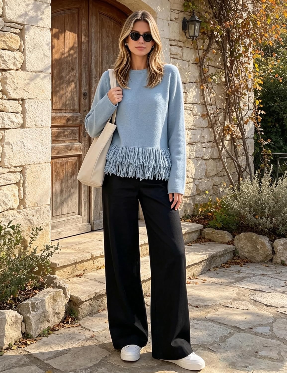 image:imageSpringrain Womens Fringe Boho Crewneck Knit Pullover SweatersBlue
