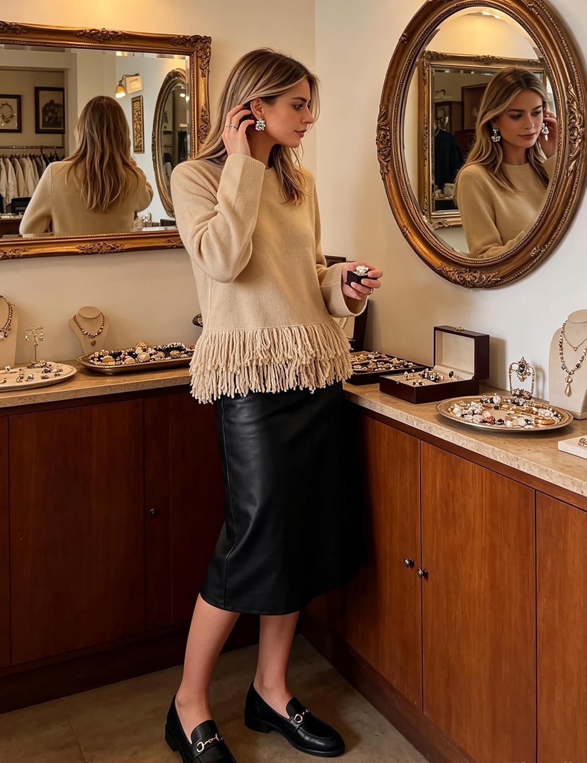 image:imageSpringrain Womens Fringe Boho Crewneck Knit Pullover SweatersKhaki