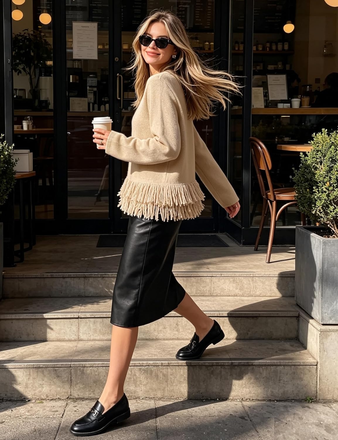 image:imageSpringrain Womens Fringe Boho Crewneck Knit Pullover SweatersKhaki