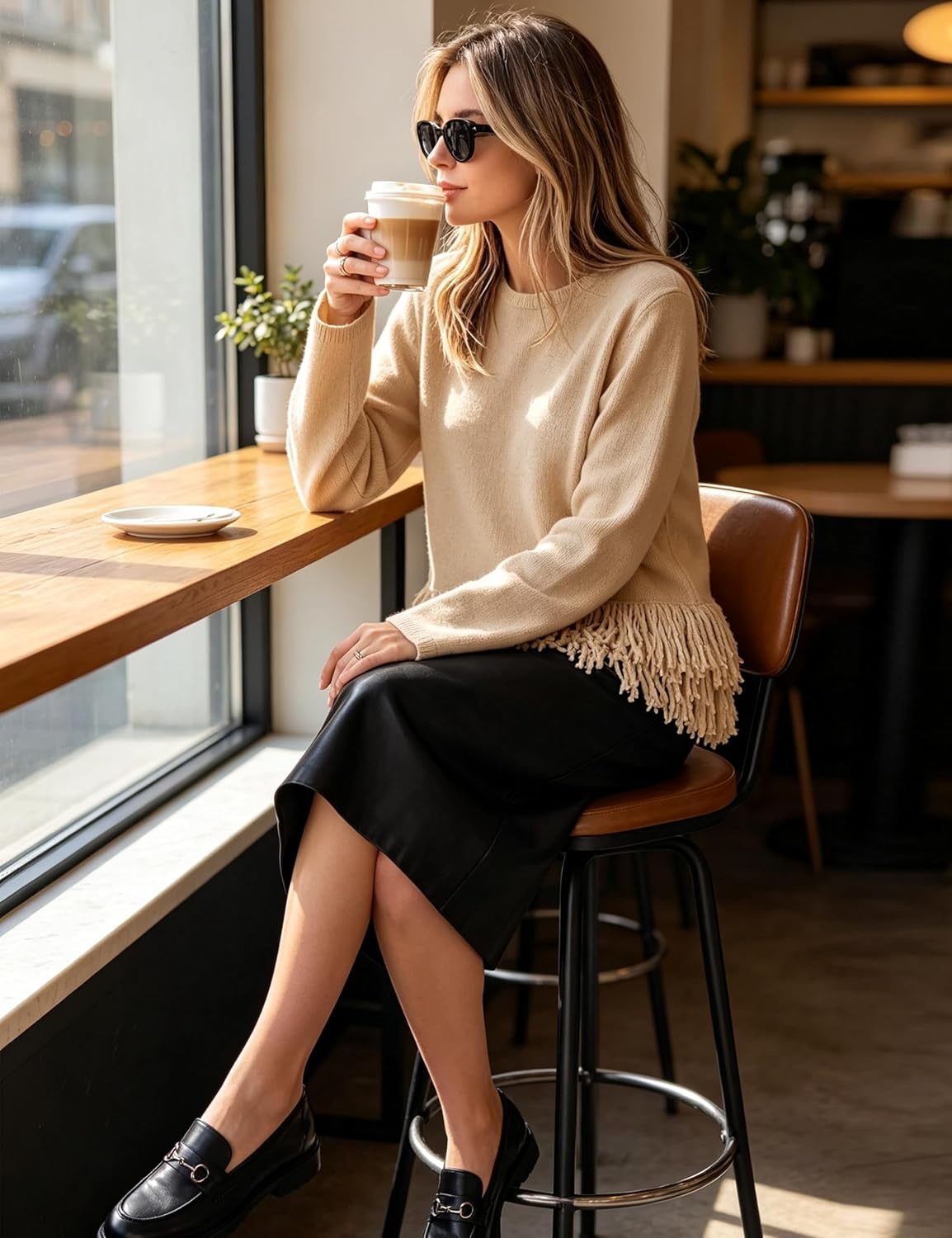 image:imageSpringrain Womens Fringe Boho Crewneck Knit Pullover SweatersKhaki