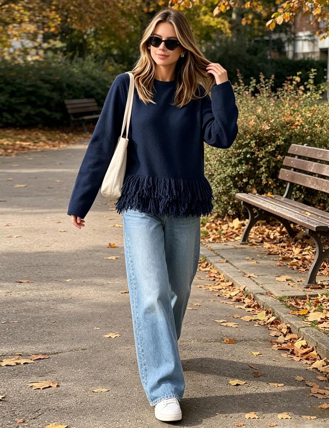 image:imageSpringrain Womens Fringe Boho Crewneck Knit Pullover SweatersNavy
