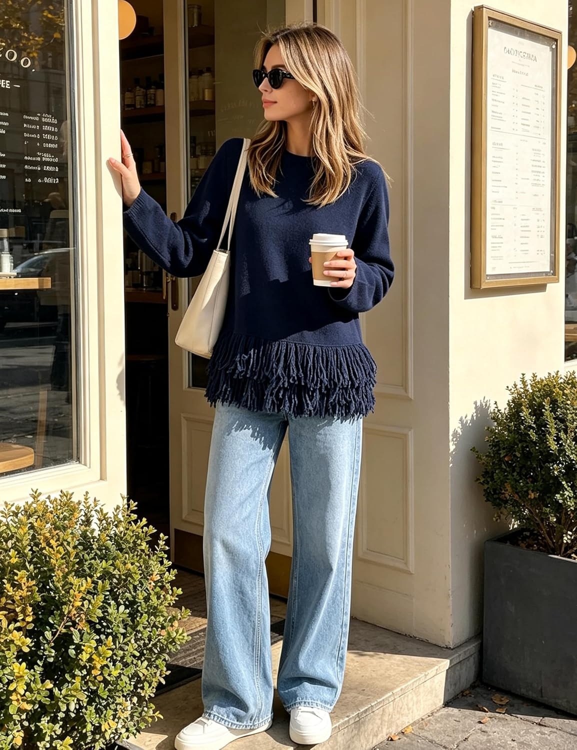 image:imageSpringrain Womens Fringe Boho Crewneck Knit Pullover SweatersNavy