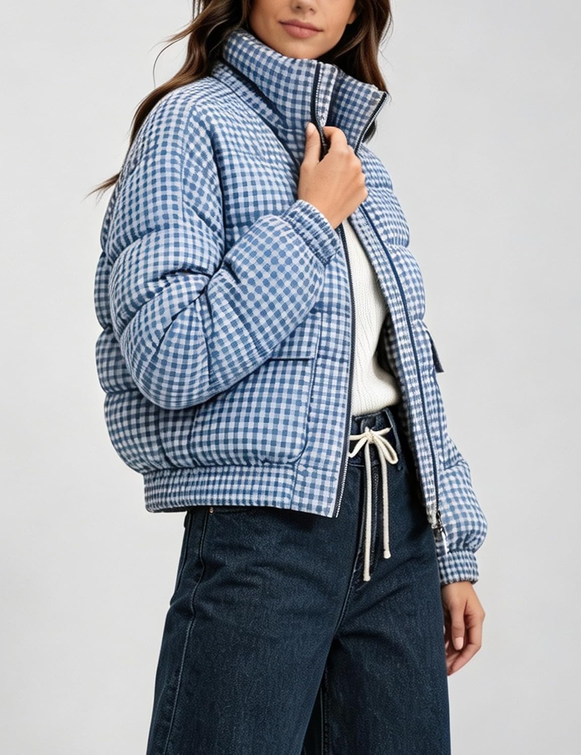 image:imageSpringrain Womens Gingham Zip Up Puffer Jacket Daily Winter CoatBlue