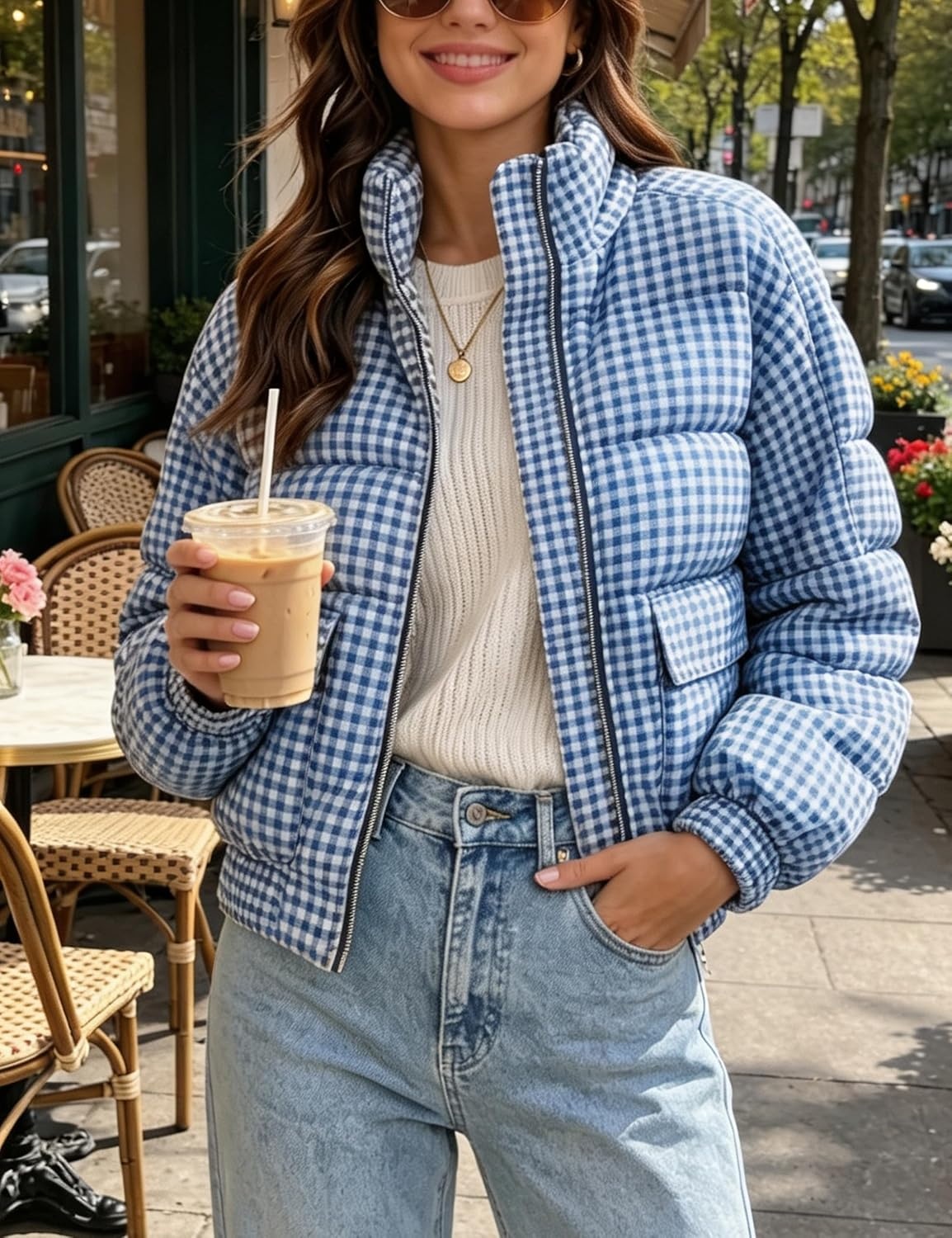 image:imageSpringrain Womens Gingham Zip Up Puffer Jacket Daily Winter CoatBlue
