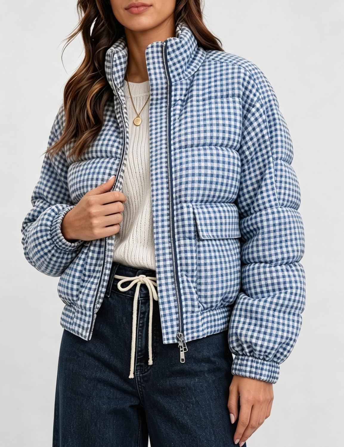 image:imageSpringrain Womens Gingham Zip Up Puffer Jacket Daily Winter CoatBlue