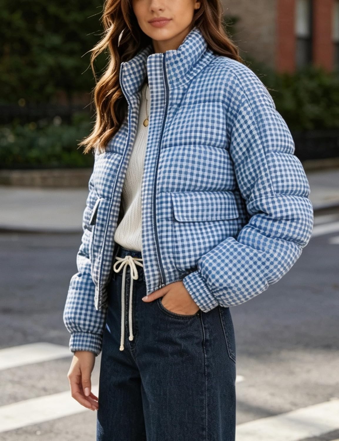 image:imageSpringrain Womens Gingham Zip Up Puffer Jacket Daily Winter CoatBlue