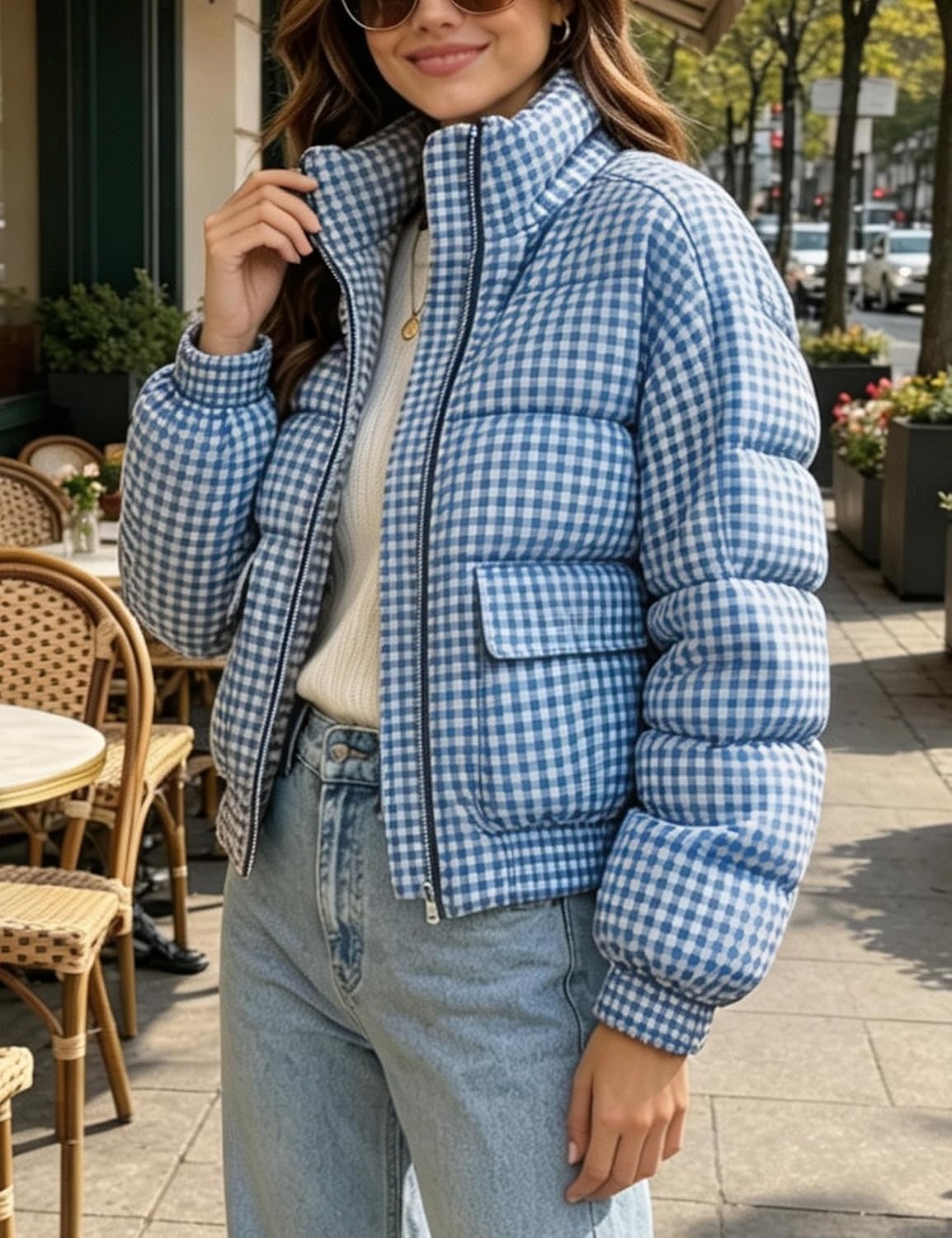 image:imageSpringrain Womens Gingham Zip Up Puffer Jacket Daily Winter CoatBlue