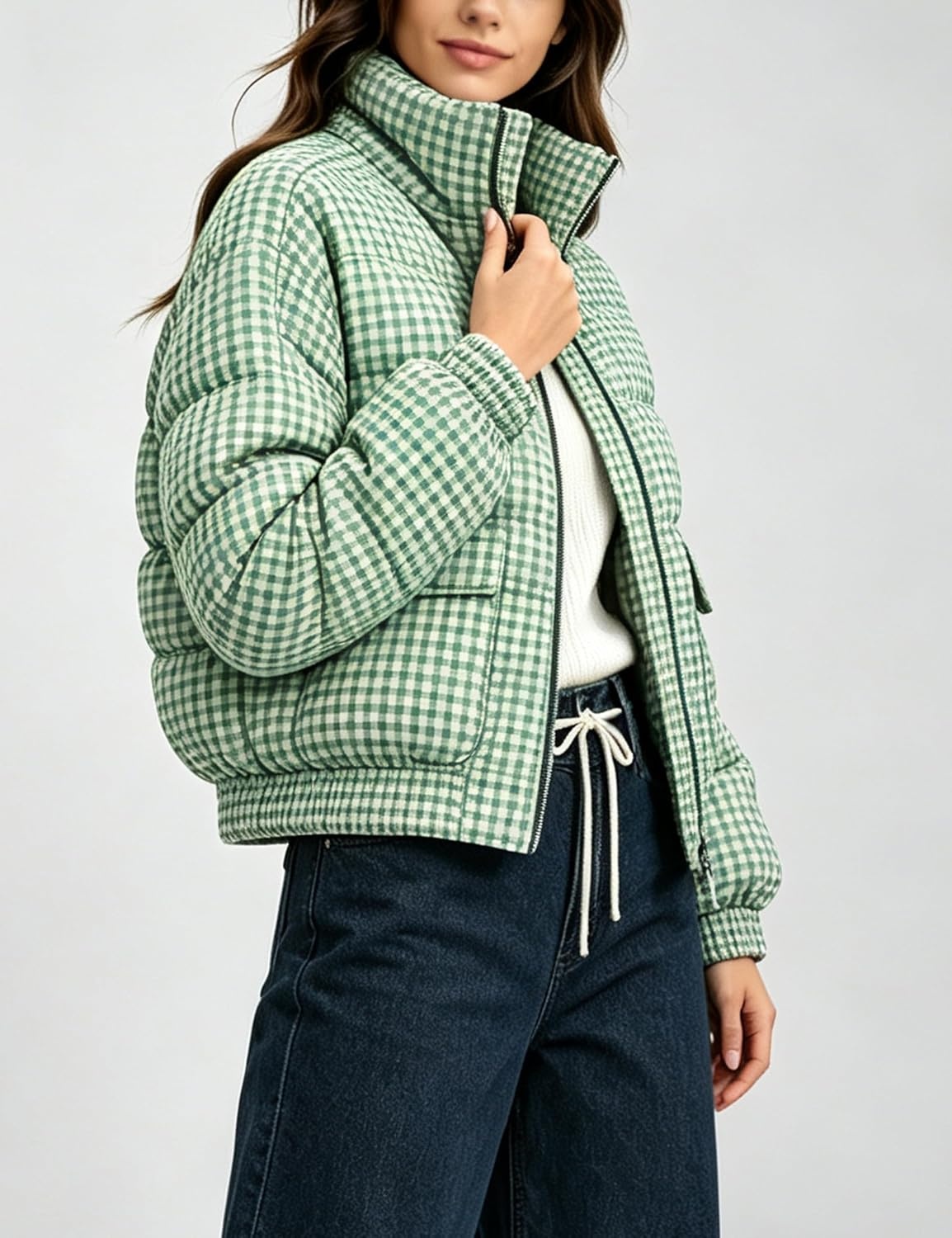 image:imageSpringrain Womens Gingham Zip Up Puffer Jacket Daily Winter CoatGreen
