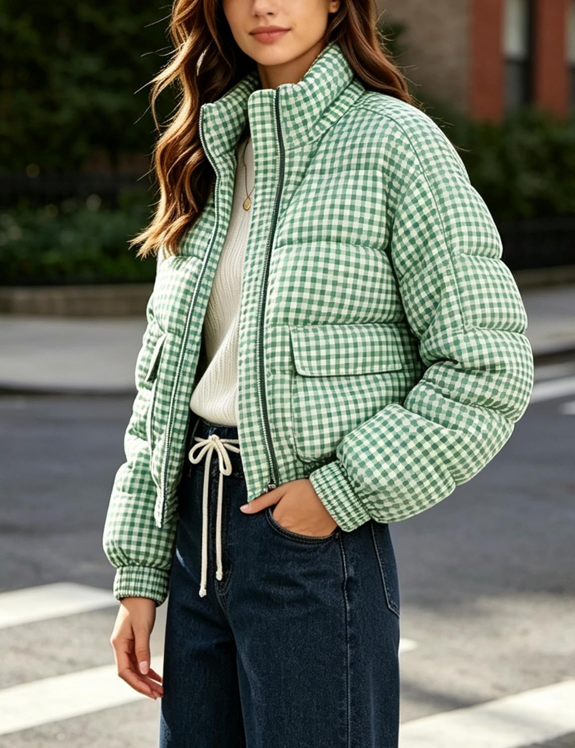image:imageSpringrain Womens Gingham Zip Up Puffer Jacket Daily Winter CoatGreen
