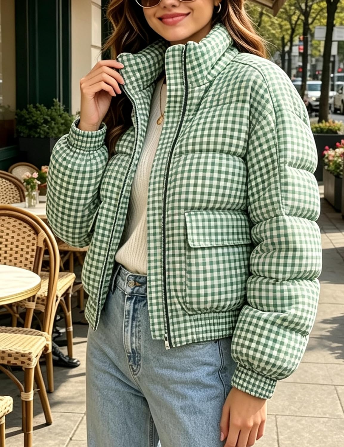 image:imageSpringrain Womens Gingham Zip Up Puffer Jacket Daily Winter CoatGreen