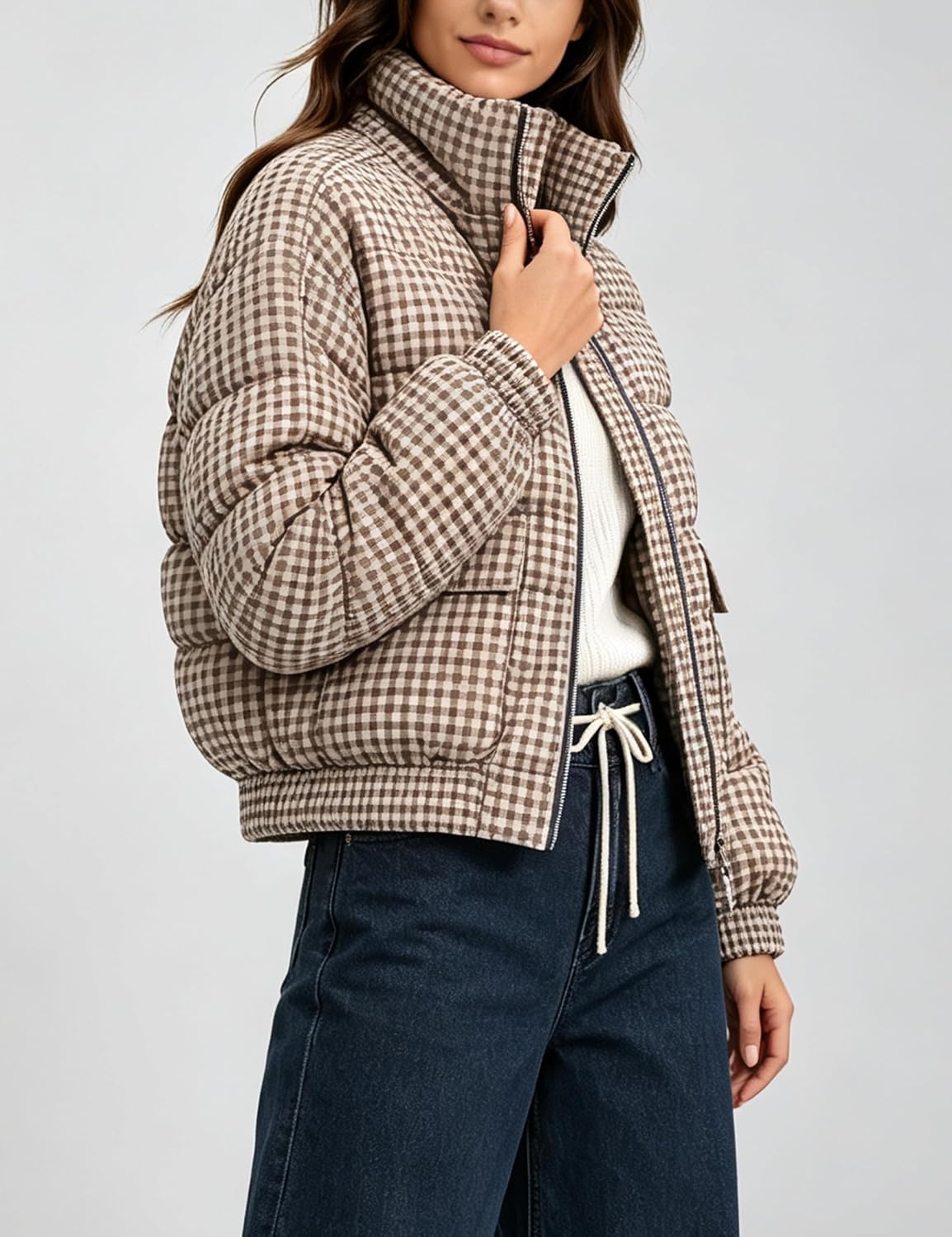 image:imageSpringrain Womens Gingham Zip Up Puffer Jacket Daily Winter CoatKhaki