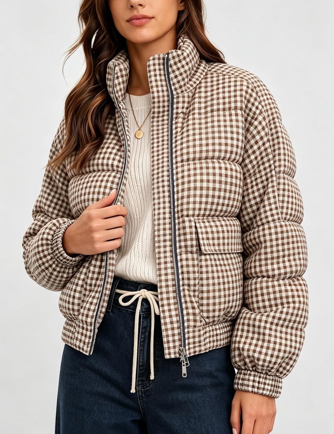 image:imageSpringrain Womens Gingham Zip Up Puffer Jacket Daily Winter CoatKhaki