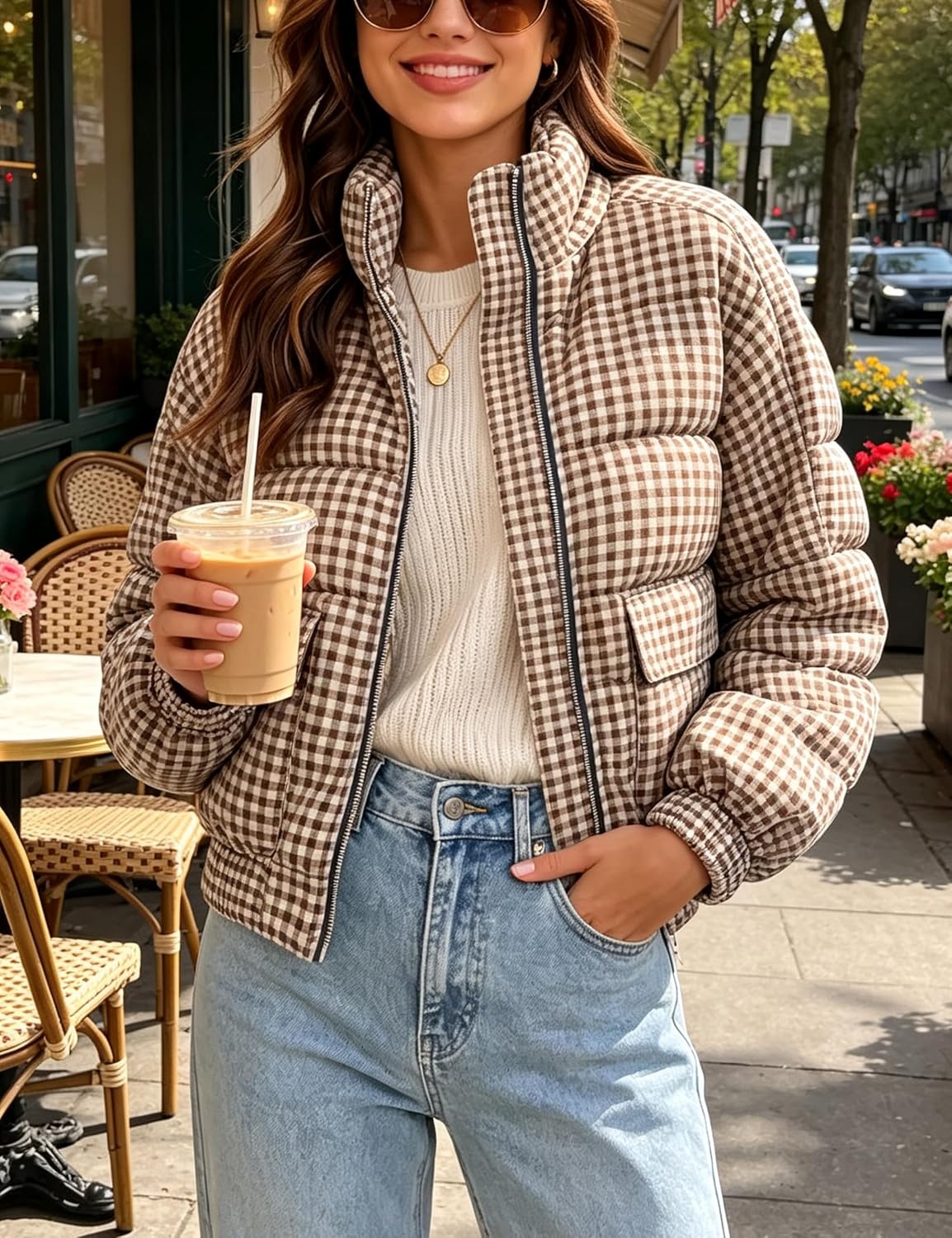 image:imageSpringrain Womens Gingham Zip Up Puffer Jacket Daily Winter CoatKhaki