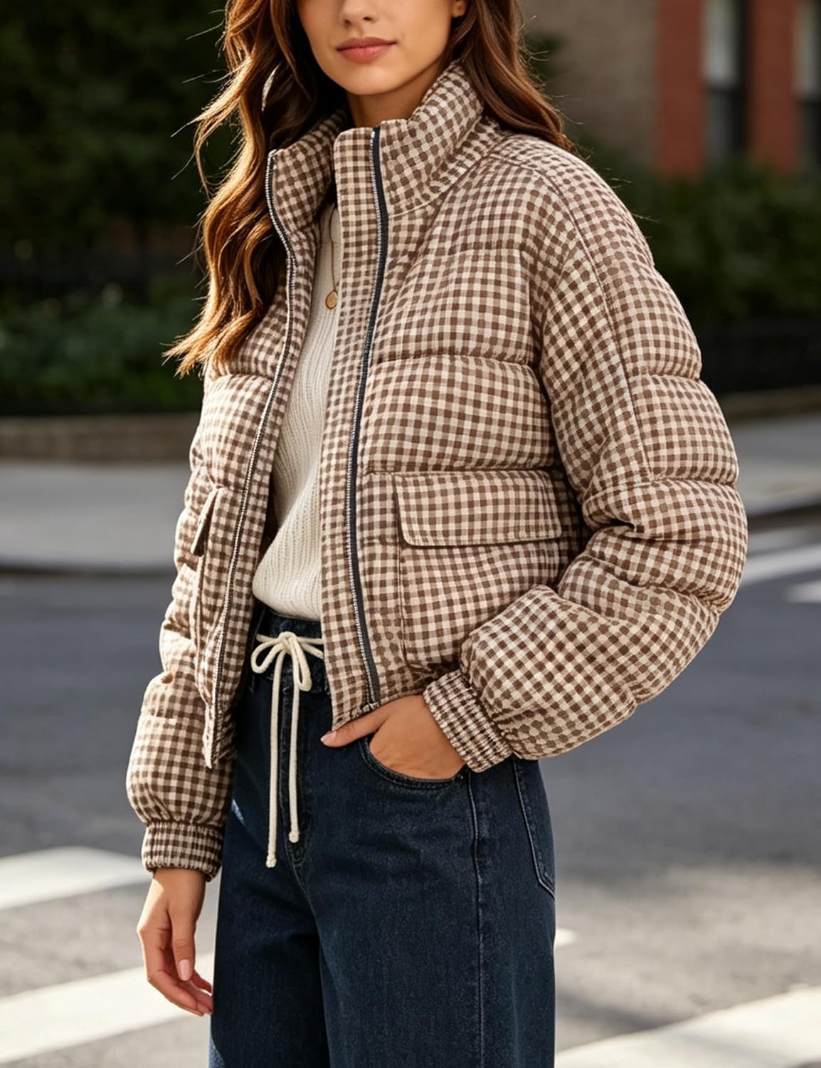 image:imageSpringrain Womens Gingham Zip Up Puffer Jacket Daily Winter CoatKhaki