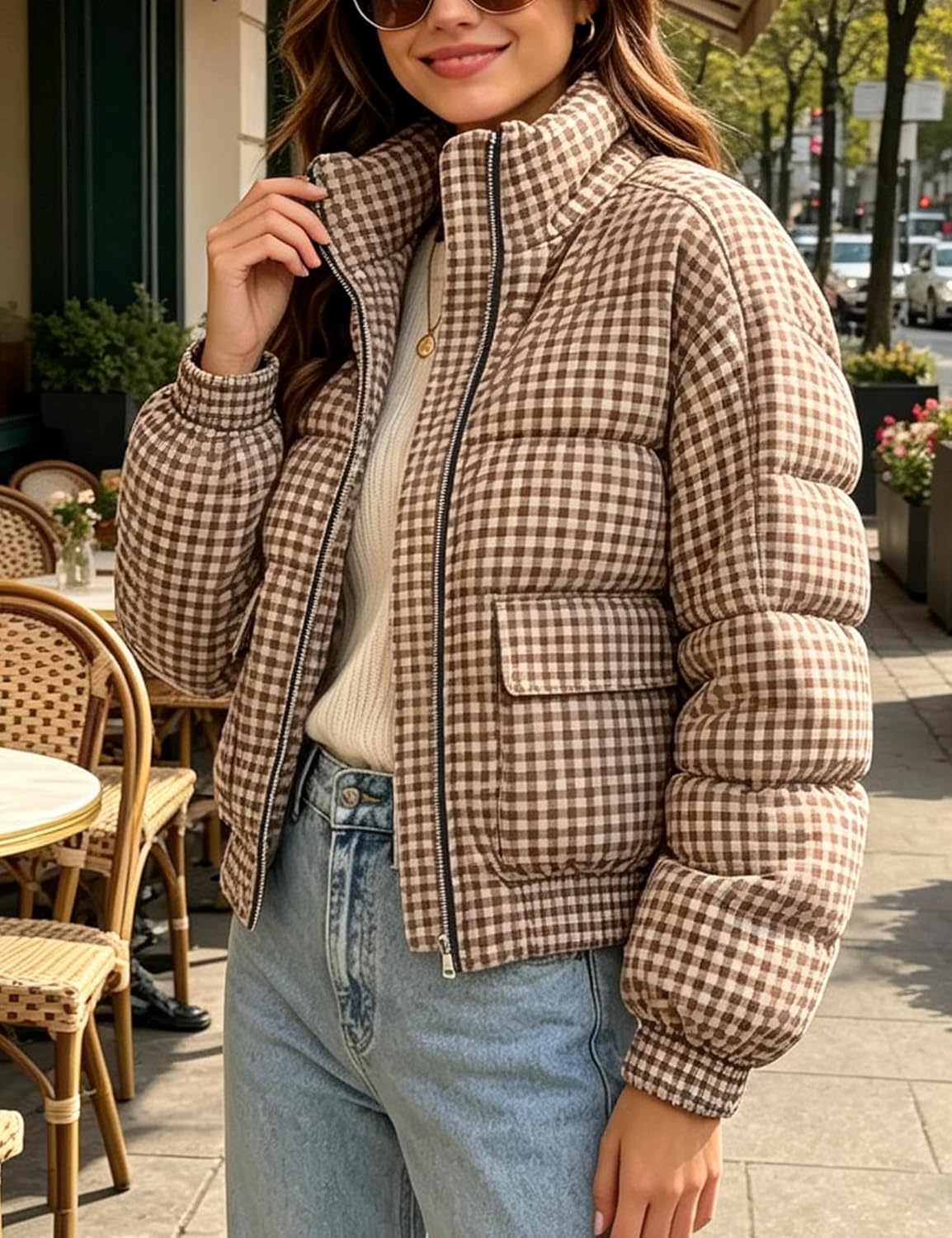 image:imageSpringrain Womens Gingham Zip Up Puffer Jacket Daily Winter CoatKhaki