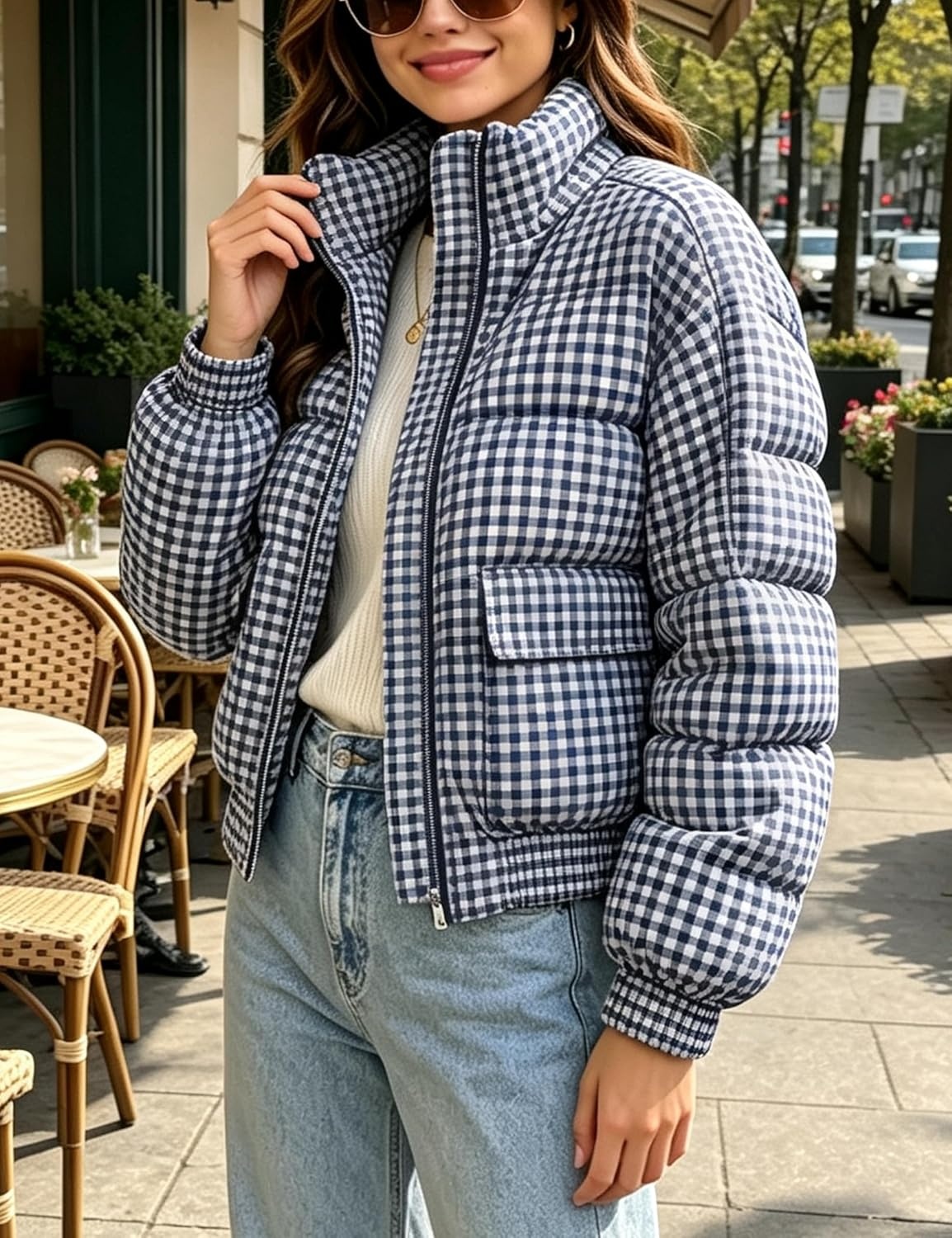 image:imageSpringrain Womens Gingham Zip Up Puffer Jacket Daily Winter CoatNavy