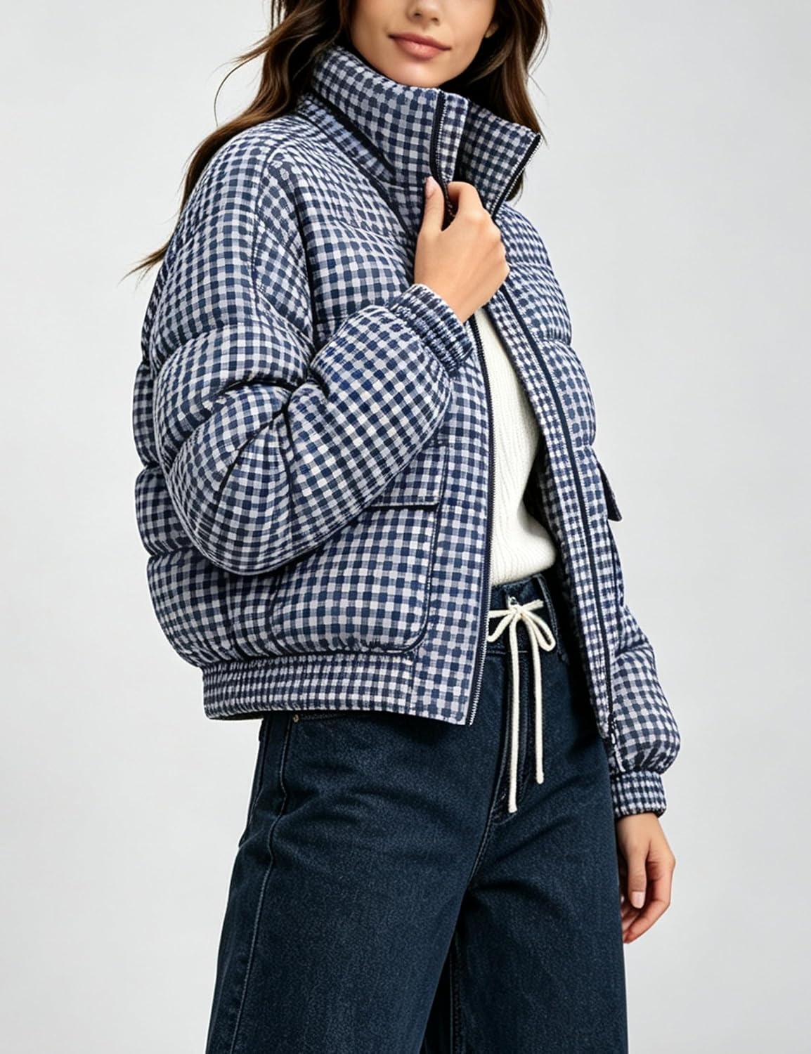 image:imageSpringrain Womens Gingham Zip Up Puffer Jacket Daily Winter CoatNavy
