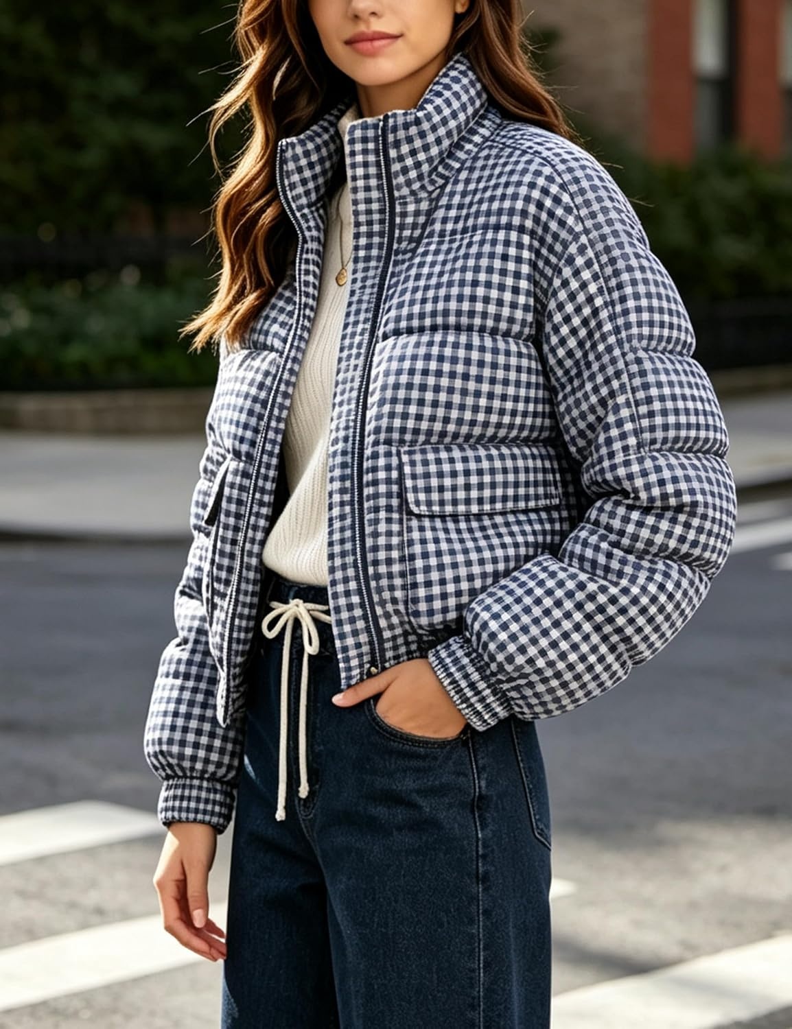image:imageSpringrain Womens Gingham Zip Up Puffer Jacket Daily Winter CoatNavy