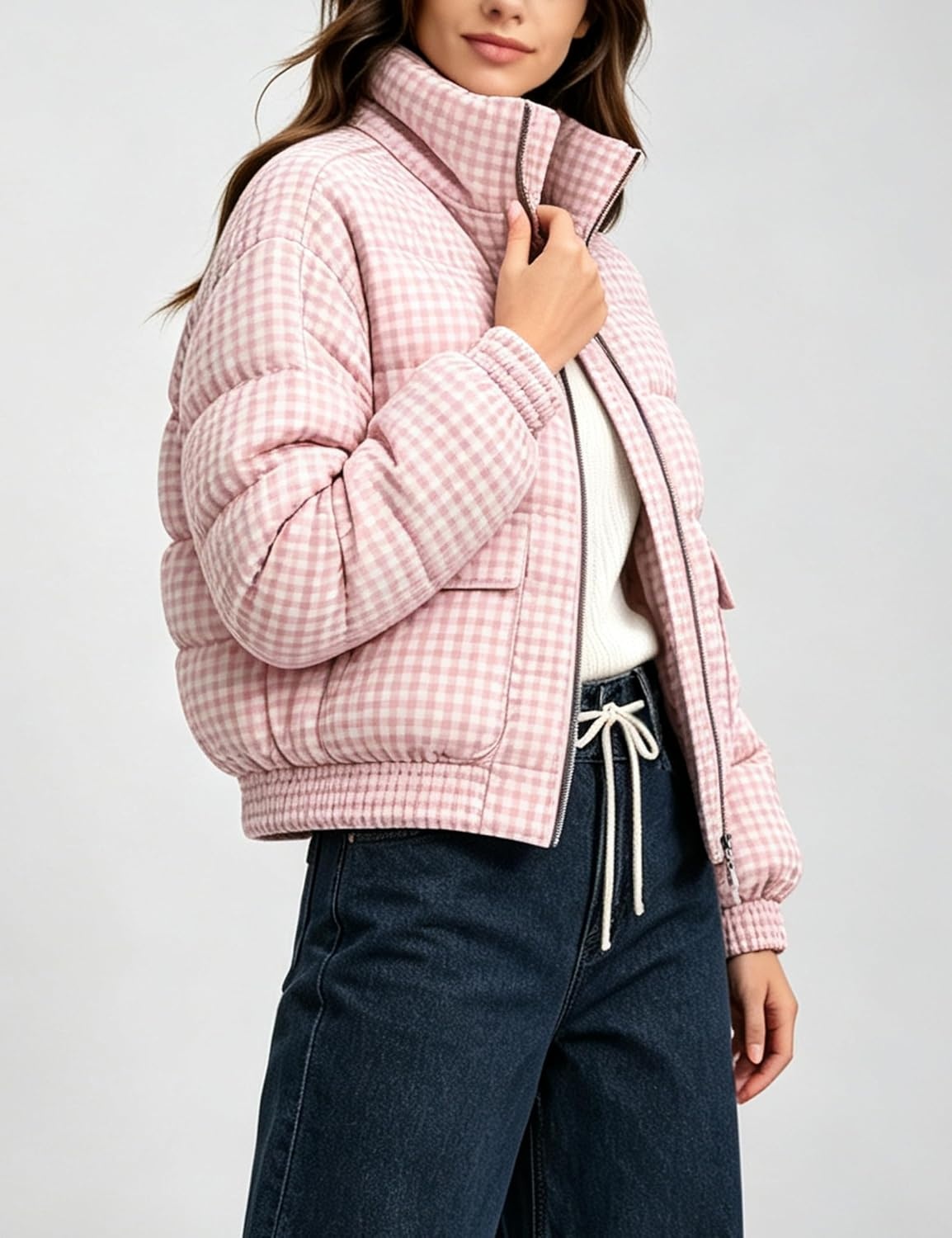 image:imageSpringrain Womens Gingham Zip Up Puffer Jacket Daily Winter CoatPink