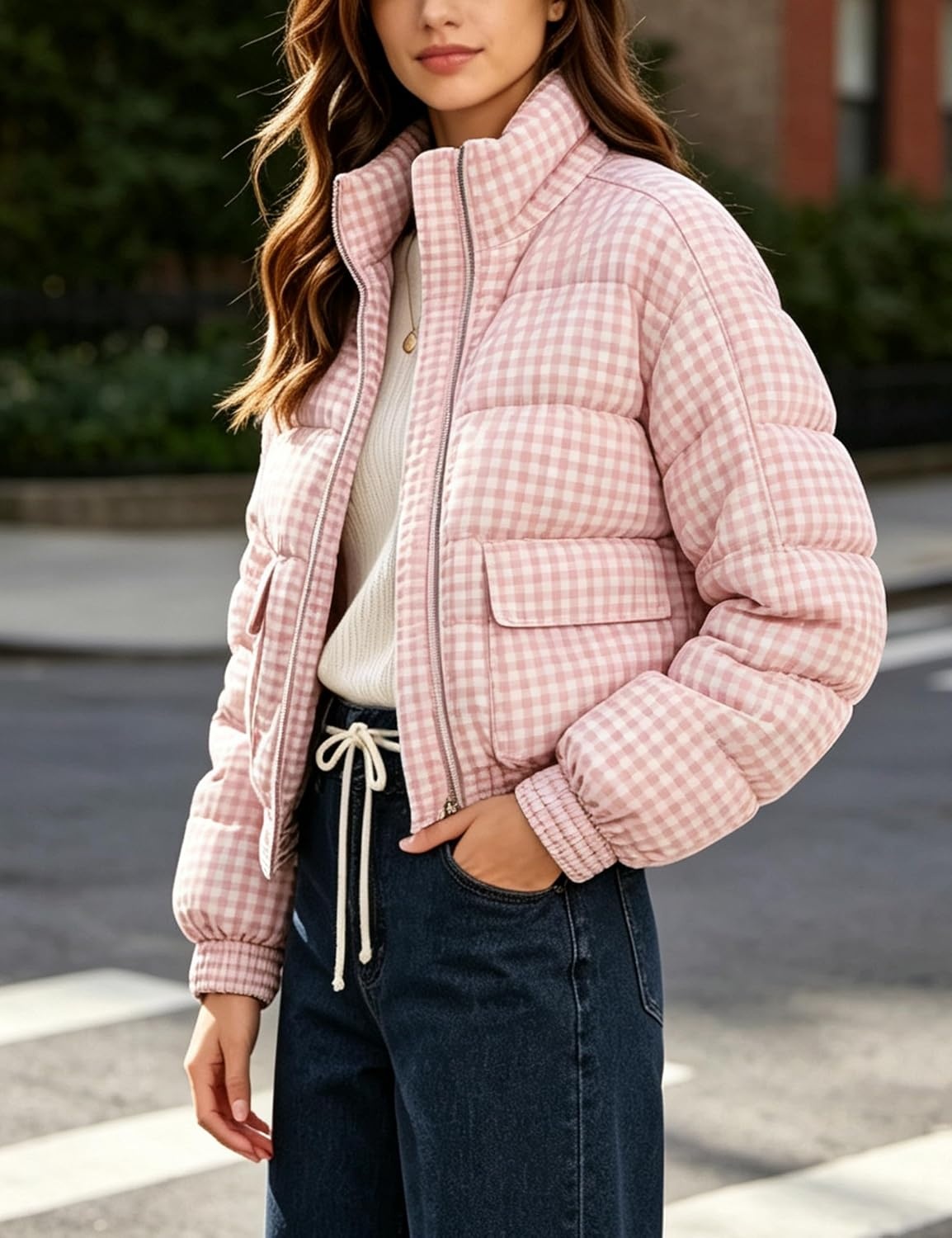 image:imageSpringrain Womens Gingham Zip Up Puffer Jacket Daily Winter CoatPink