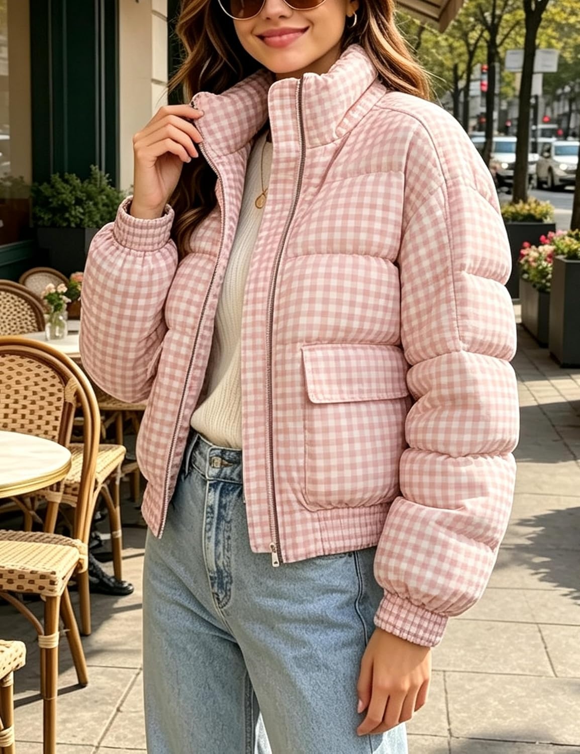 image:imageSpringrain Womens Gingham Zip Up Puffer Jacket Daily Winter CoatPink