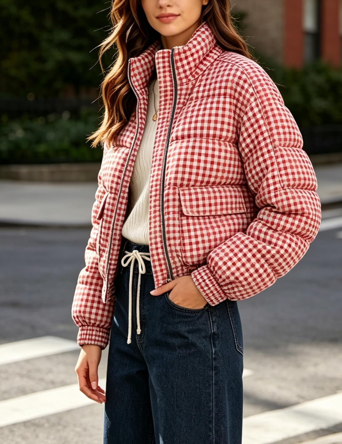 image:imageSpringrain Womens Gingham Zip Up Puffer Jacket Daily Winter CoatRed