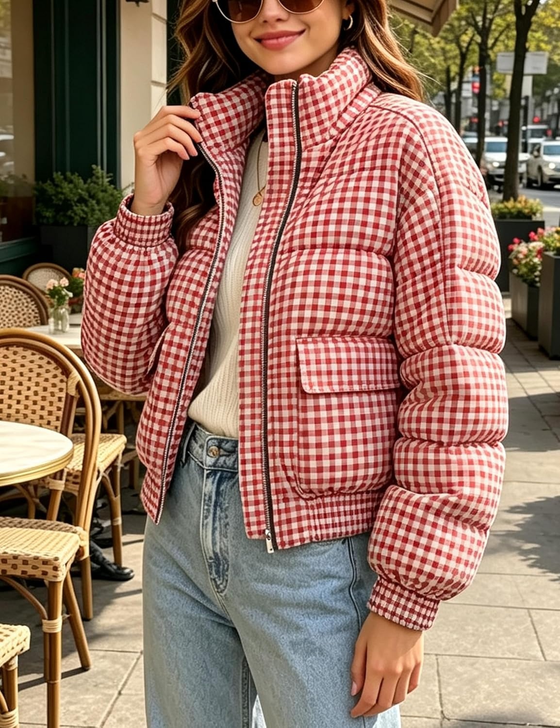 image:imageSpringrain Womens Gingham Zip Up Puffer Jacket Daily Winter CoatRed