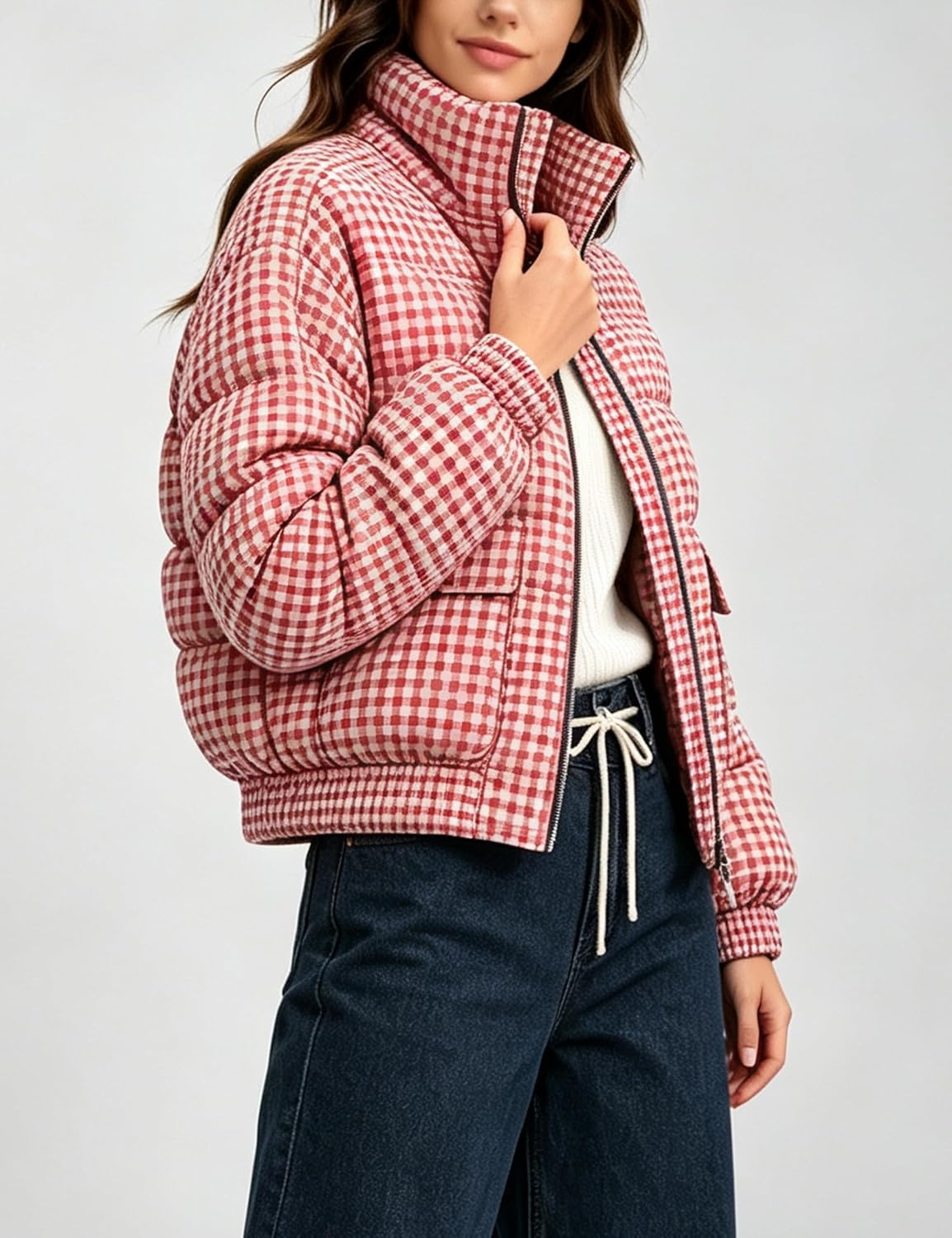 image:imageSpringrain Womens Gingham Zip Up Puffer Jacket Daily Winter CoatRed