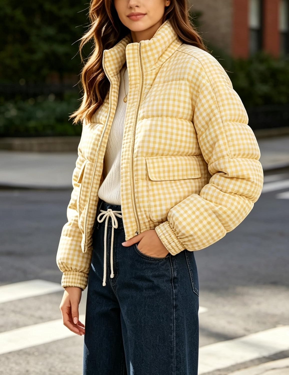 image:imageSpringrain Womens Gingham Zip Up Puffer Jacket Daily Winter CoatYellow
