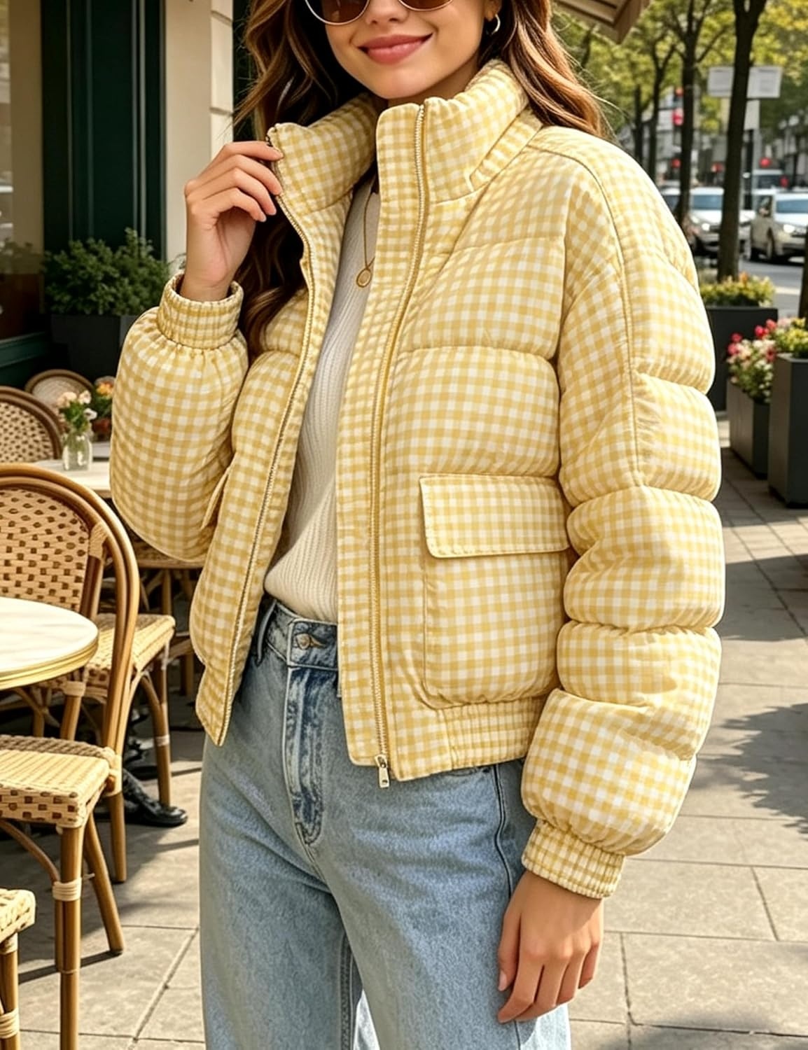 image:imageSpringrain Womens Gingham Zip Up Puffer Jacket Daily Winter CoatYellow