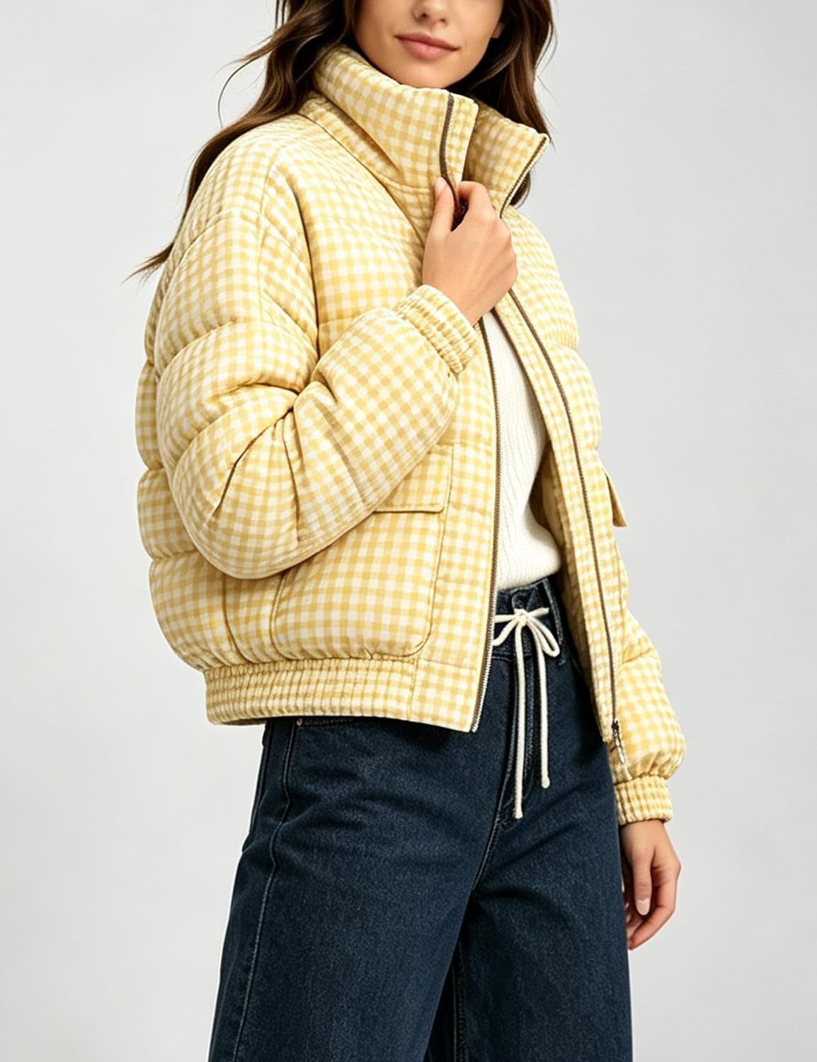 image:imageSpringrain Womens Gingham Zip Up Puffer Jacket Daily Winter CoatYellow