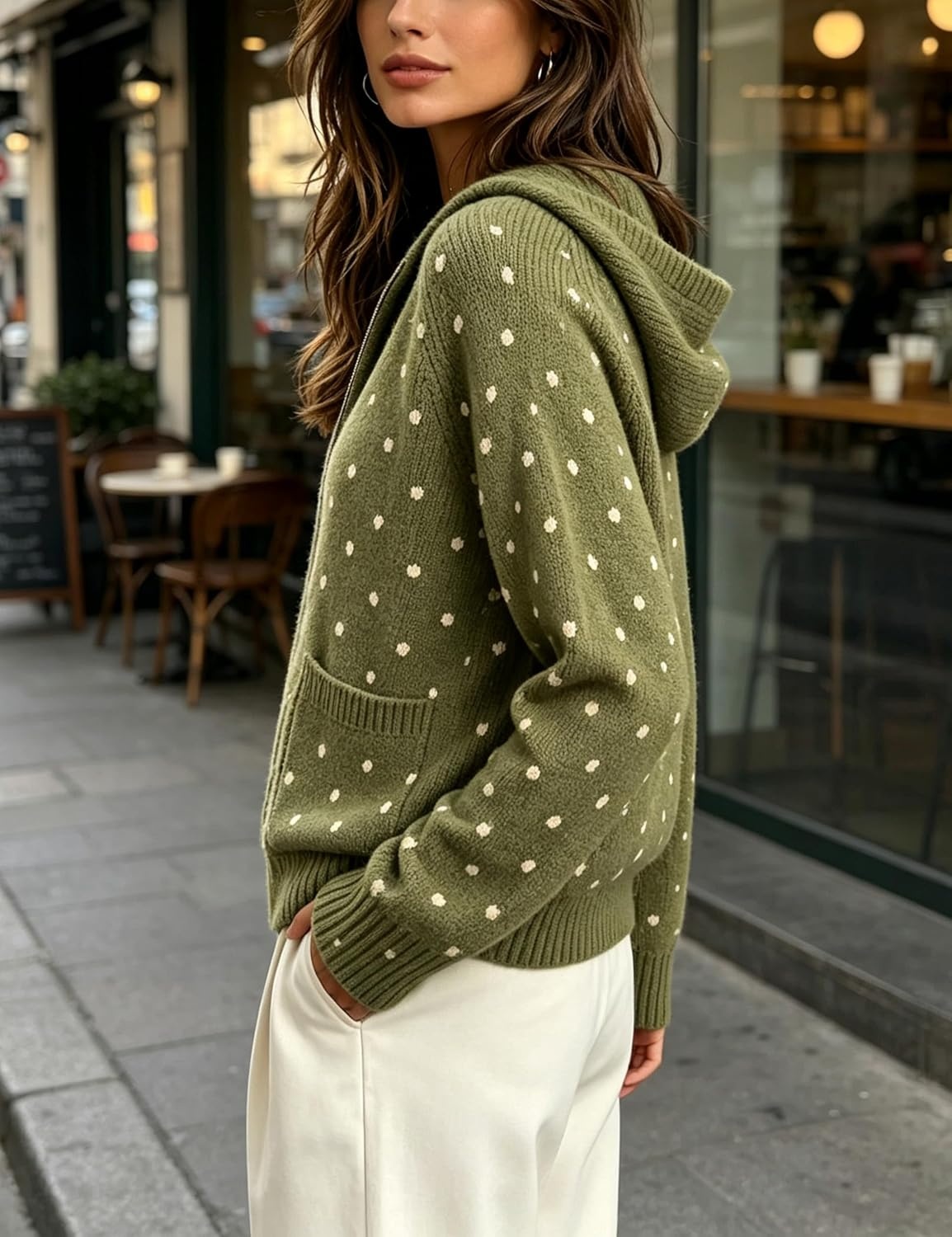 image:imageSpringrain Womens Polka Dot Knit Cardigan Hooded Sweater JacketArmygreen