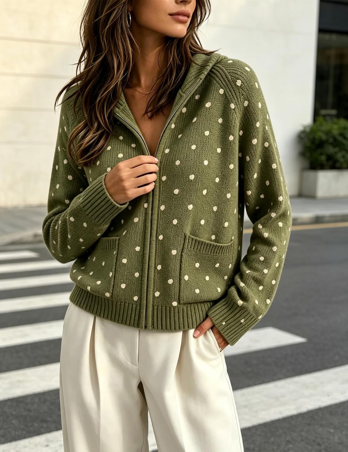 image:imageSpringrain Womens Polka Dot Knit Cardigan Hooded Sweater JacketArmygreen