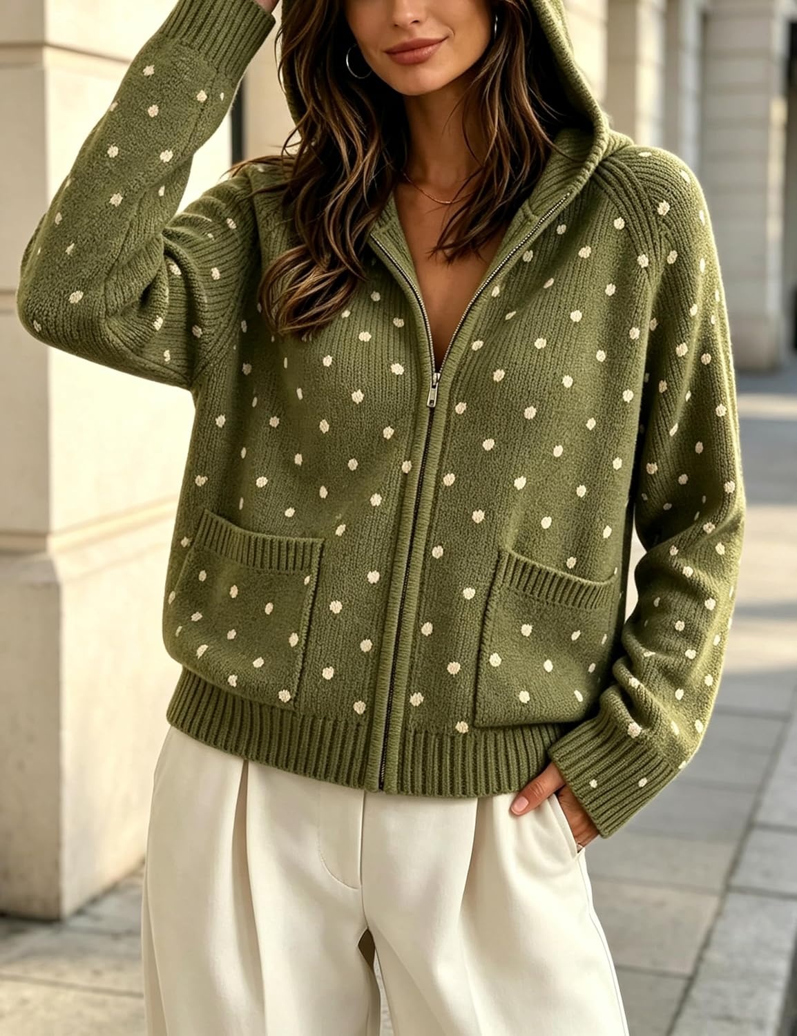 image:imageSpringrain Womens Polka Dot Knit Cardigan Hooded Sweater JacketArmygreen