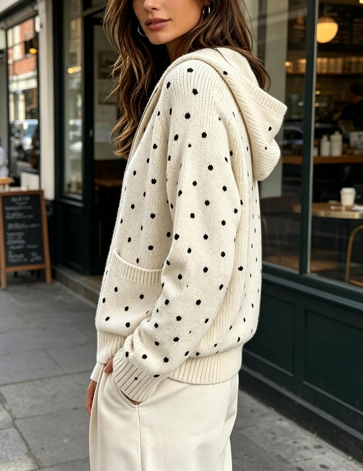 image:imageSpringrain Womens Polka Dot Knit Cardigan Hooded Sweater JacketBeige