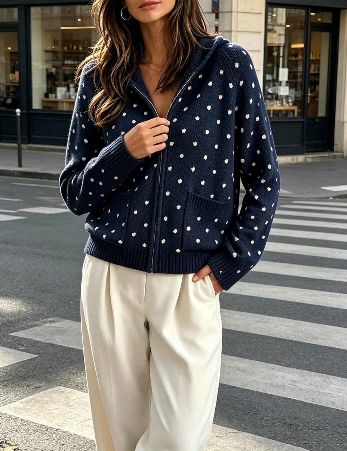 image:imageSpringrain Womens Polka Dot Knit Cardigan Hooded Sweater JacketNavy