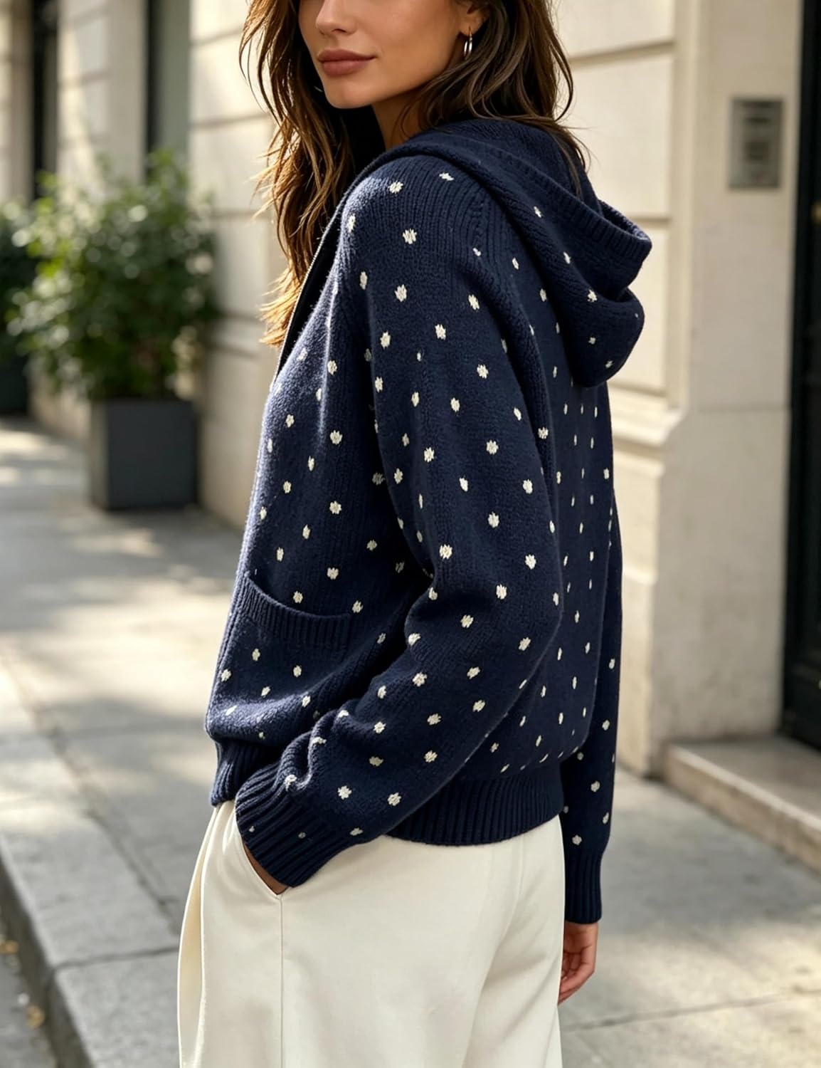 image:imageSpringrain Womens Polka Dot Knit Cardigan Hooded Sweater JacketNavy